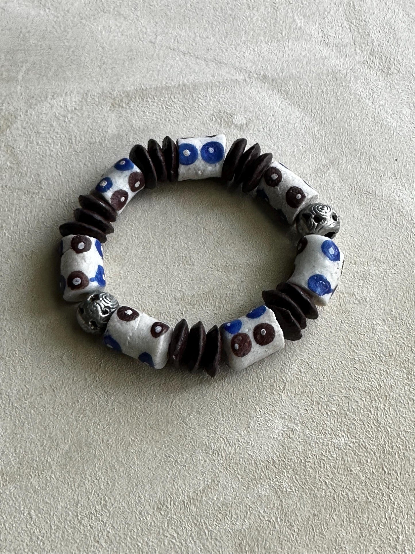 African Recycled Glass Bead Bracelet: Blue Brown Polka Dot Krobo, Unisex Boho