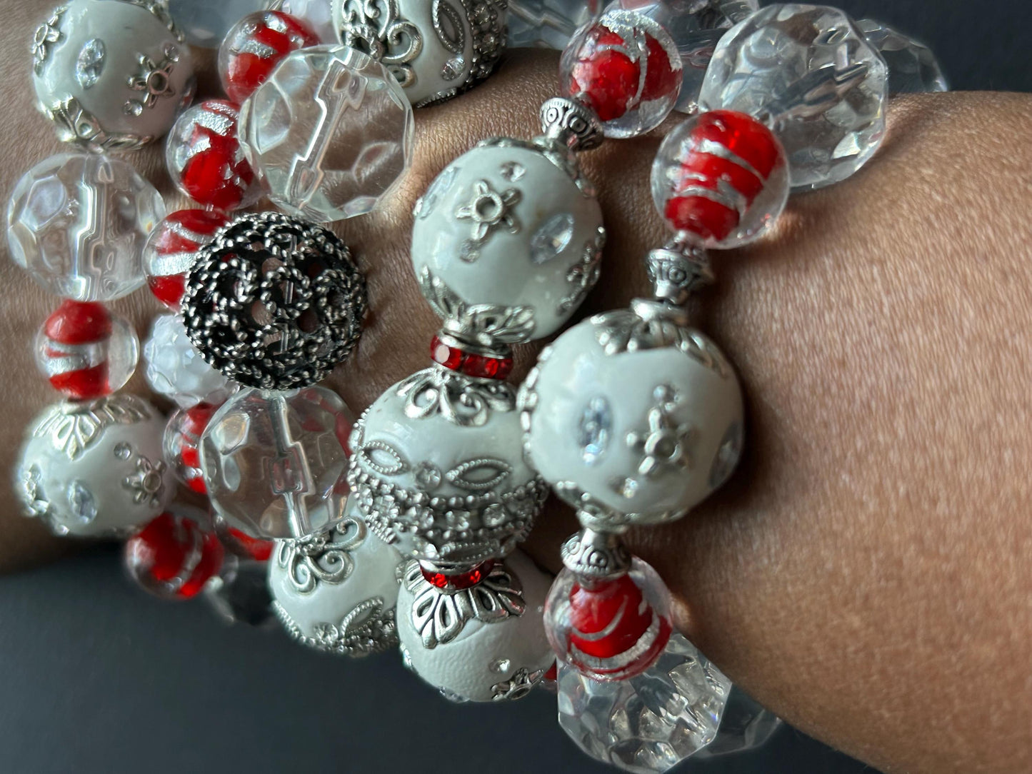 Handmade Beaded Stretch Bracelet | White, Red, & Silver Filigree