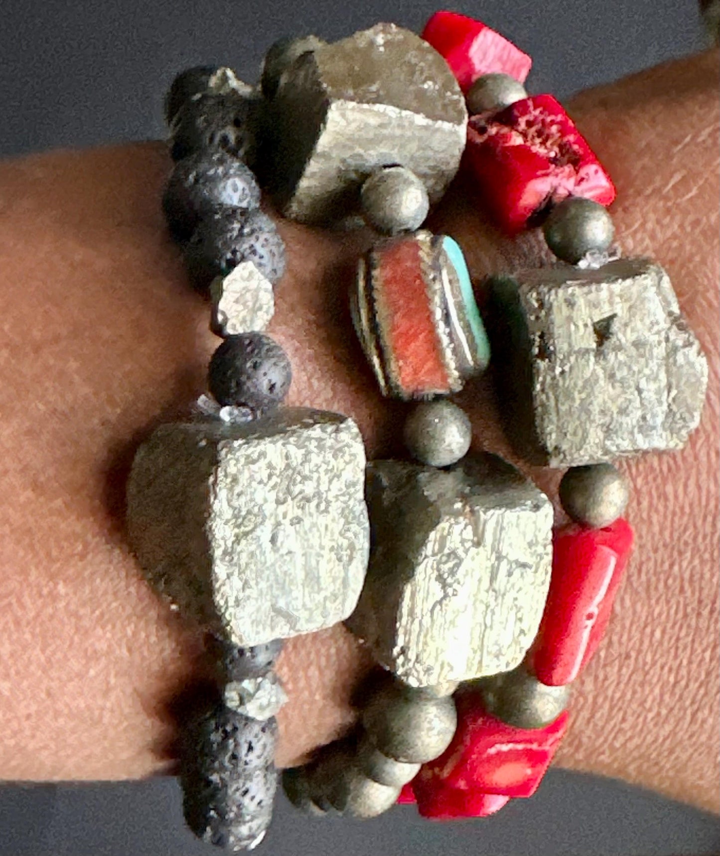 Boho Unisex Bracelet Stack | Pyrite Cube & Turquoise Beads | Handmade One of a Kind Stretch Bracelets