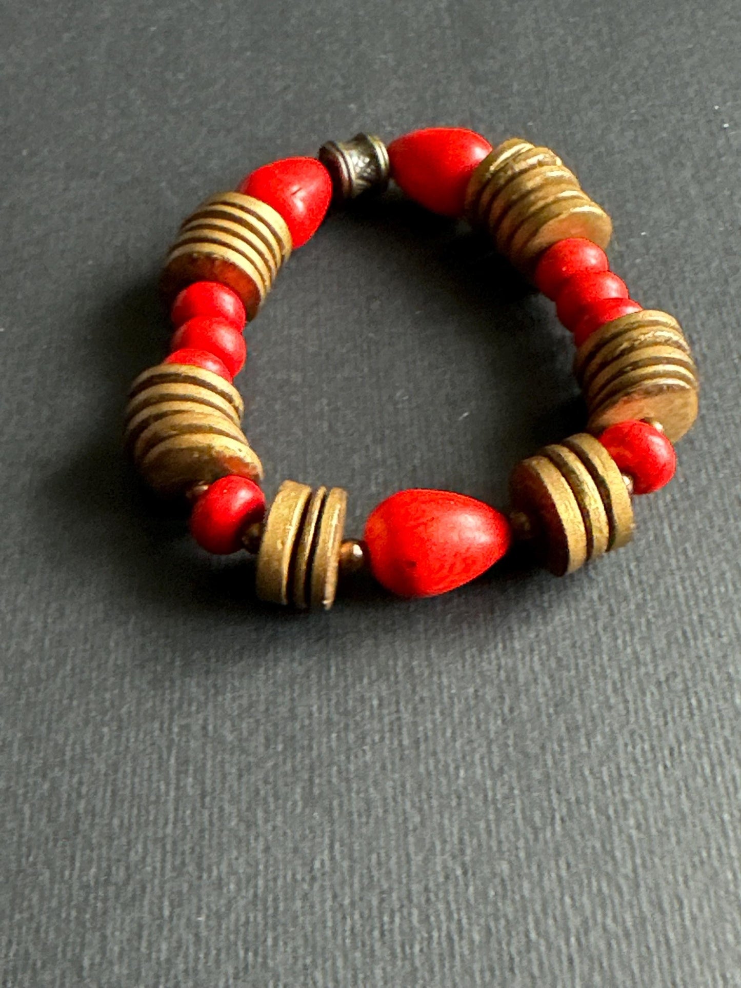 Red Teardrop Beaded Bracelet | Bronze Disc Boho Jewelry