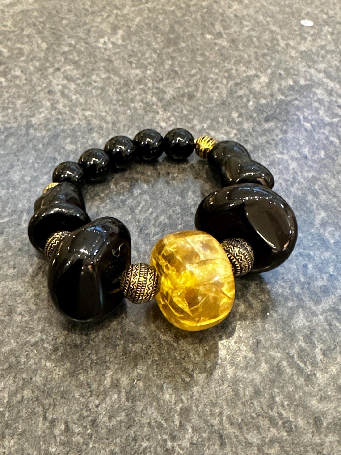 Handmade Chunky 24 mm Black Beads and Yellow Unisex Beaded Statement Stretch Bracelet