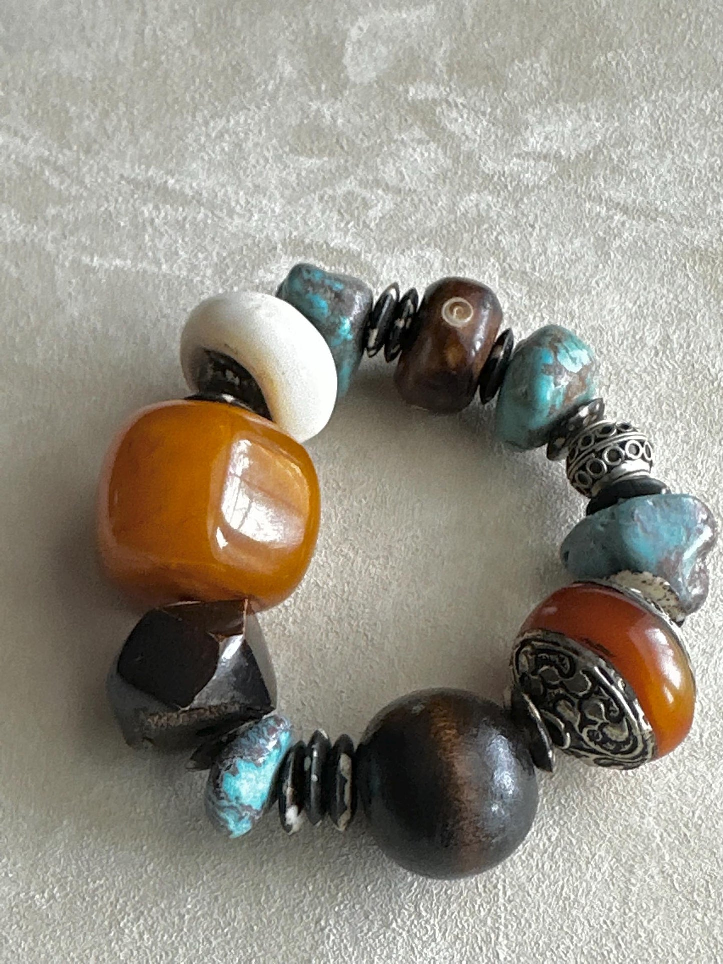 Handcrafted Tribal Boho Bracelet • Chunky Orange Focal Bead, Bone & Turquoise