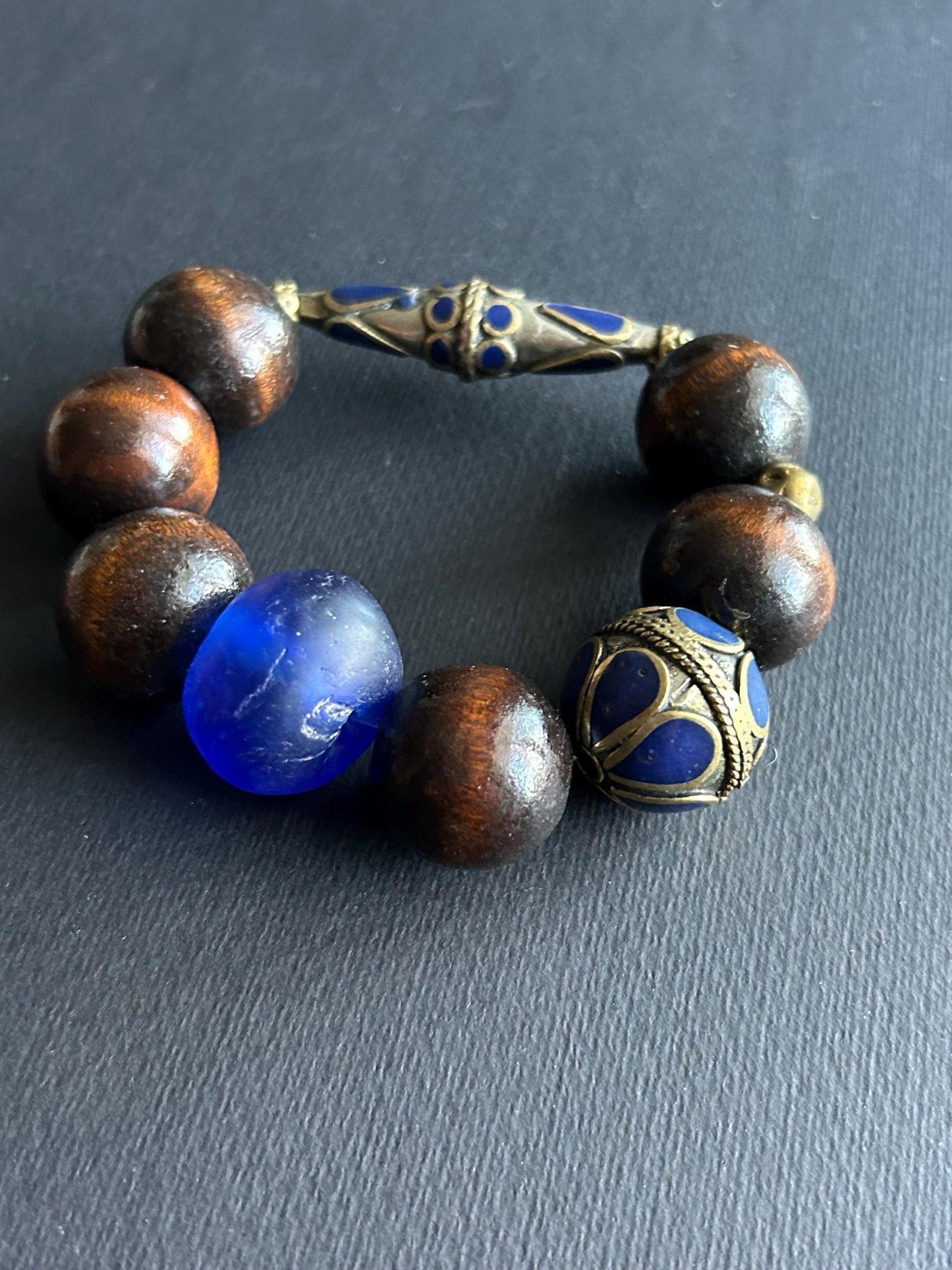 Large Brown Wood Unisex Beaded Bracelet with Gold Matte Agate Beads