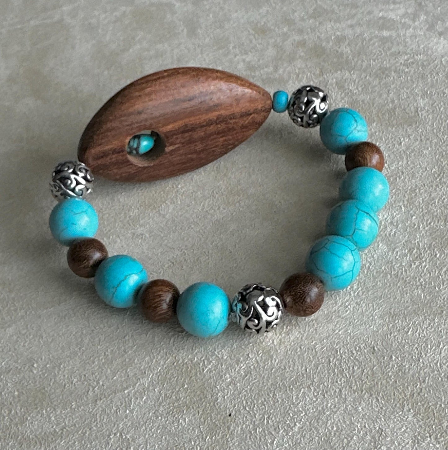 Turquoise Howlite Beaded Bracelet with Wooden Geometric Focal Bead