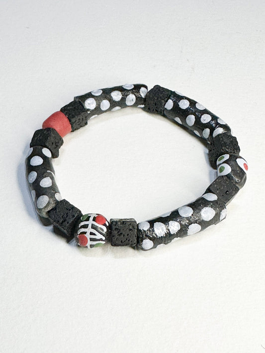 Black White and Red Krobo Beads with Lava Stone Cube Accent Beads