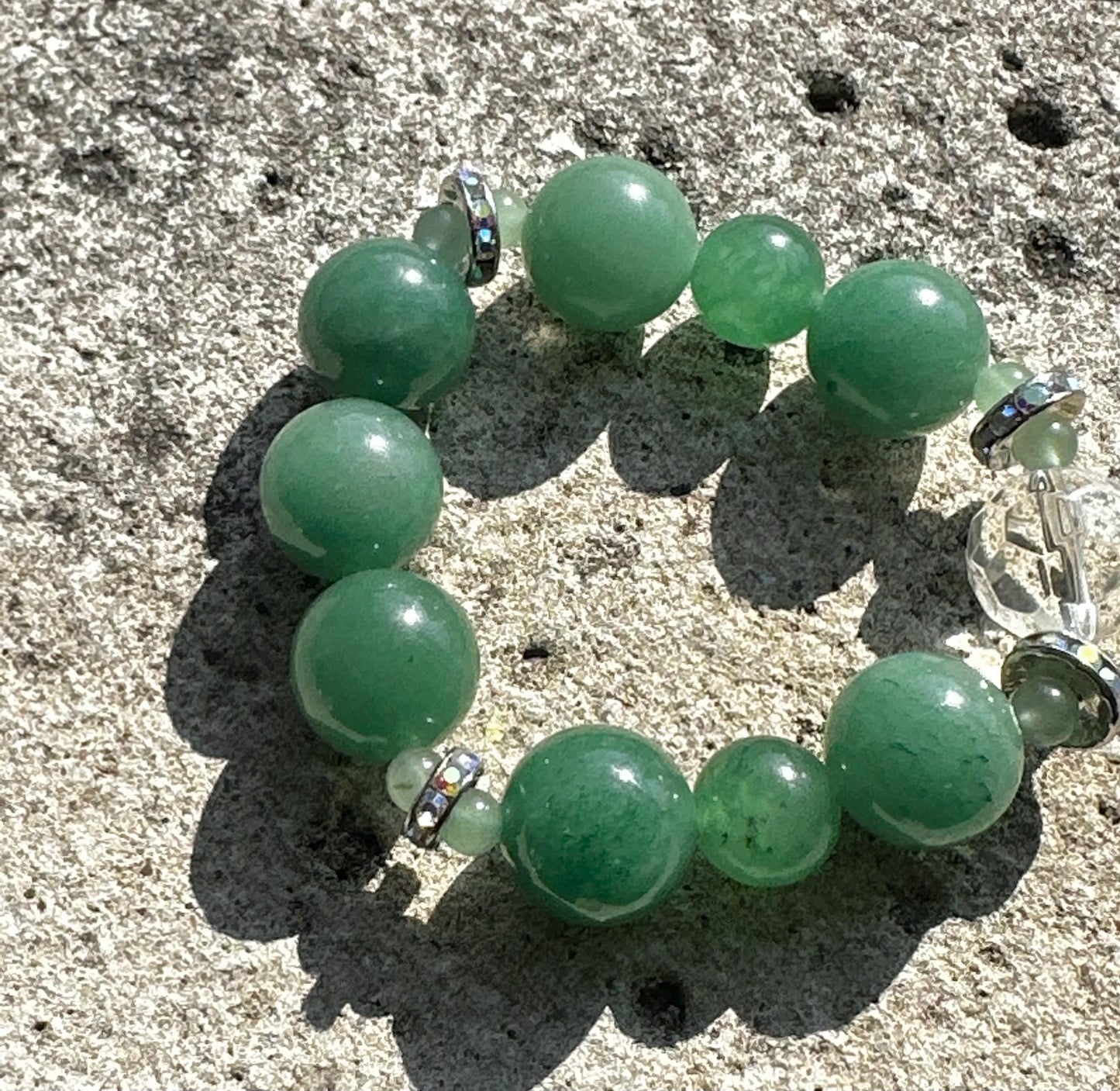 Chunky Green Aventurine Bracelet with Clear and Rhinestone Accent Beads