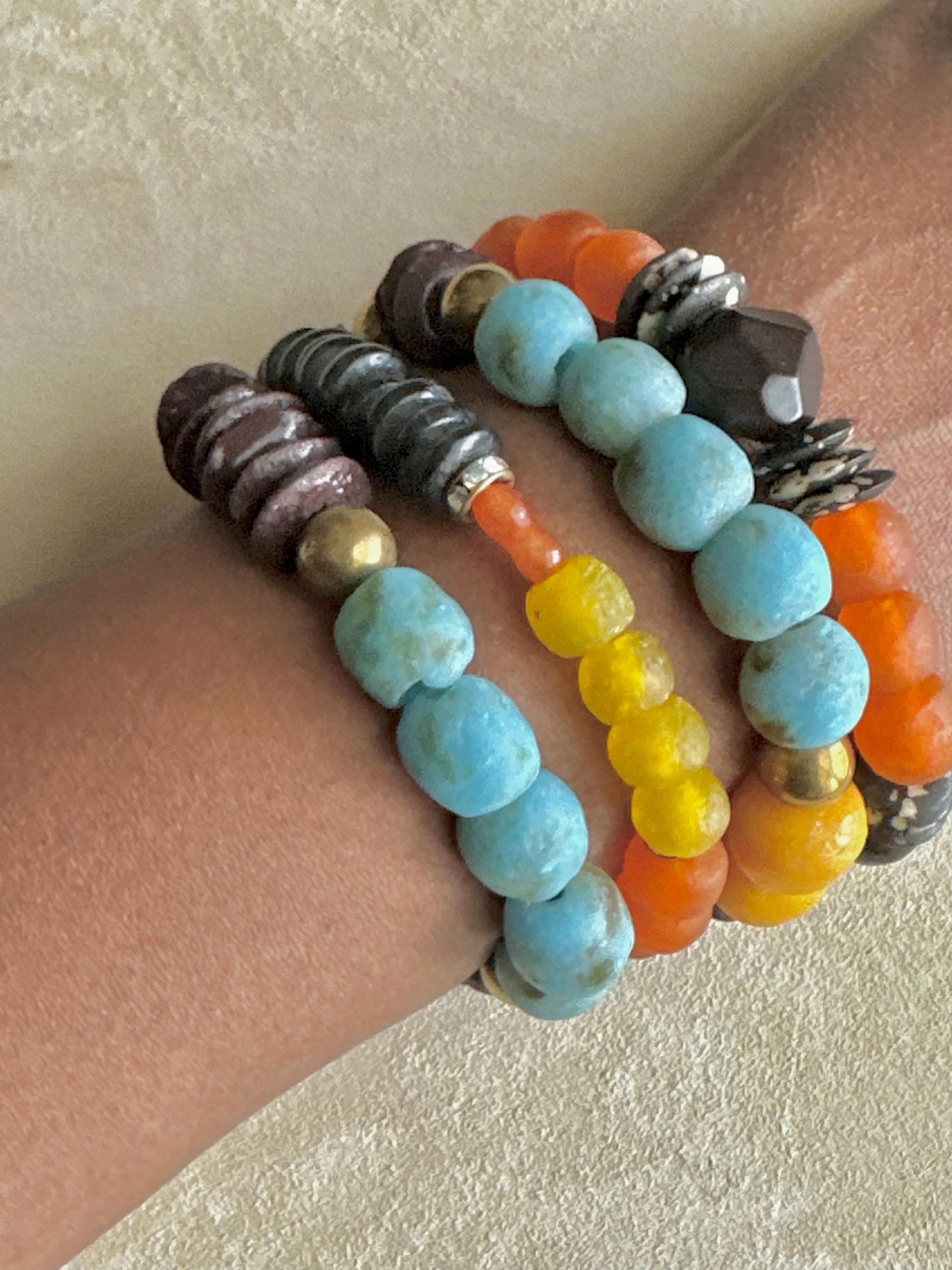 Recycled African Glass Bead Bracelet | Earthy Boho Stretch Jewelry