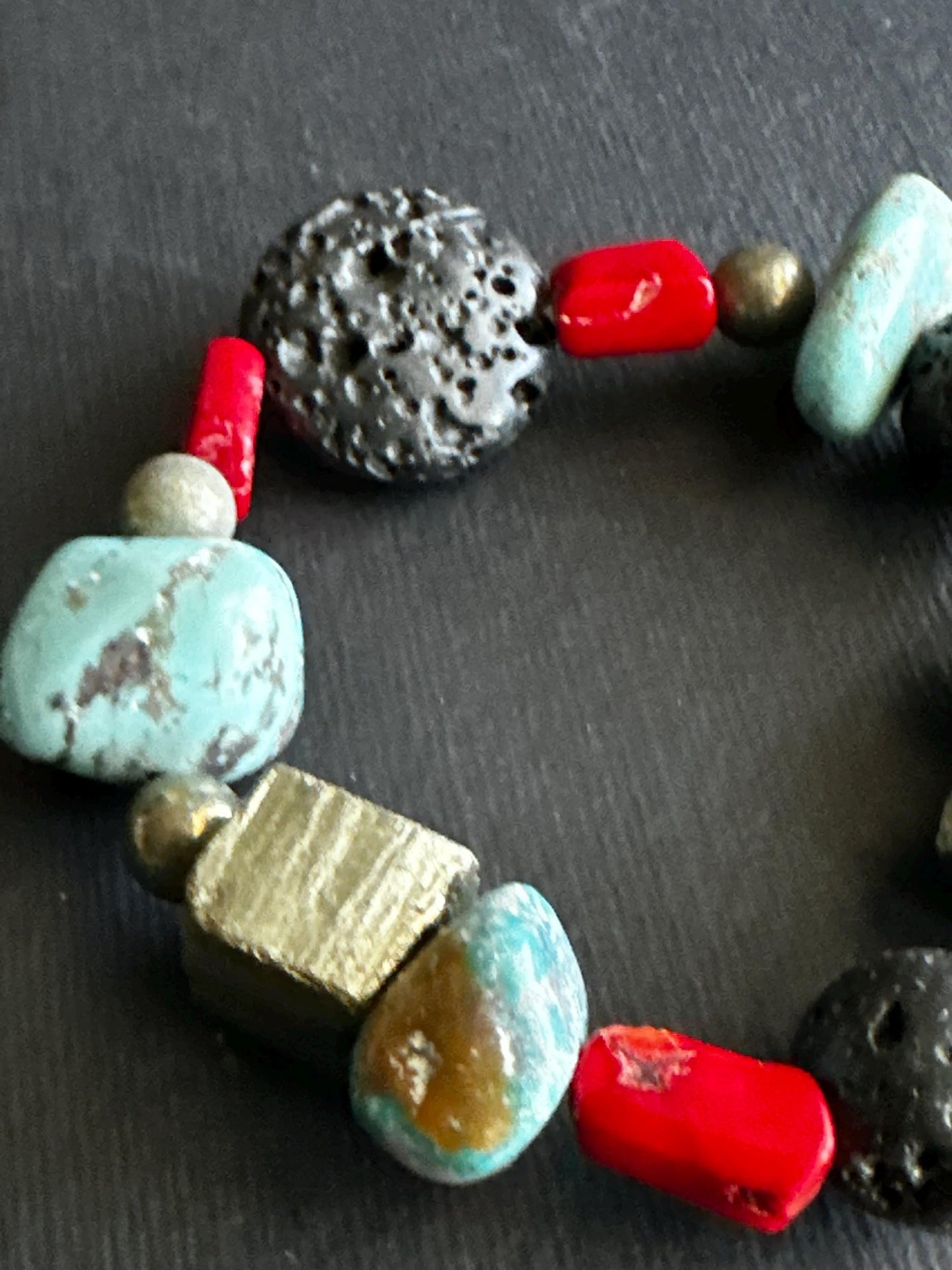 Boho Lava & Turquoise Beaded Bracelet | Pyrite Accent, Handmade