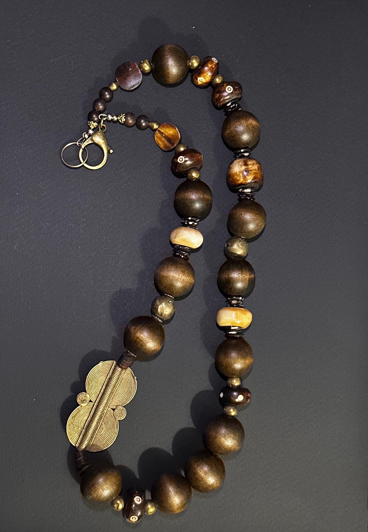 Brown (24 mm) Wooden Beads and with Bone and  Brass Sundial  Beaded Necklace