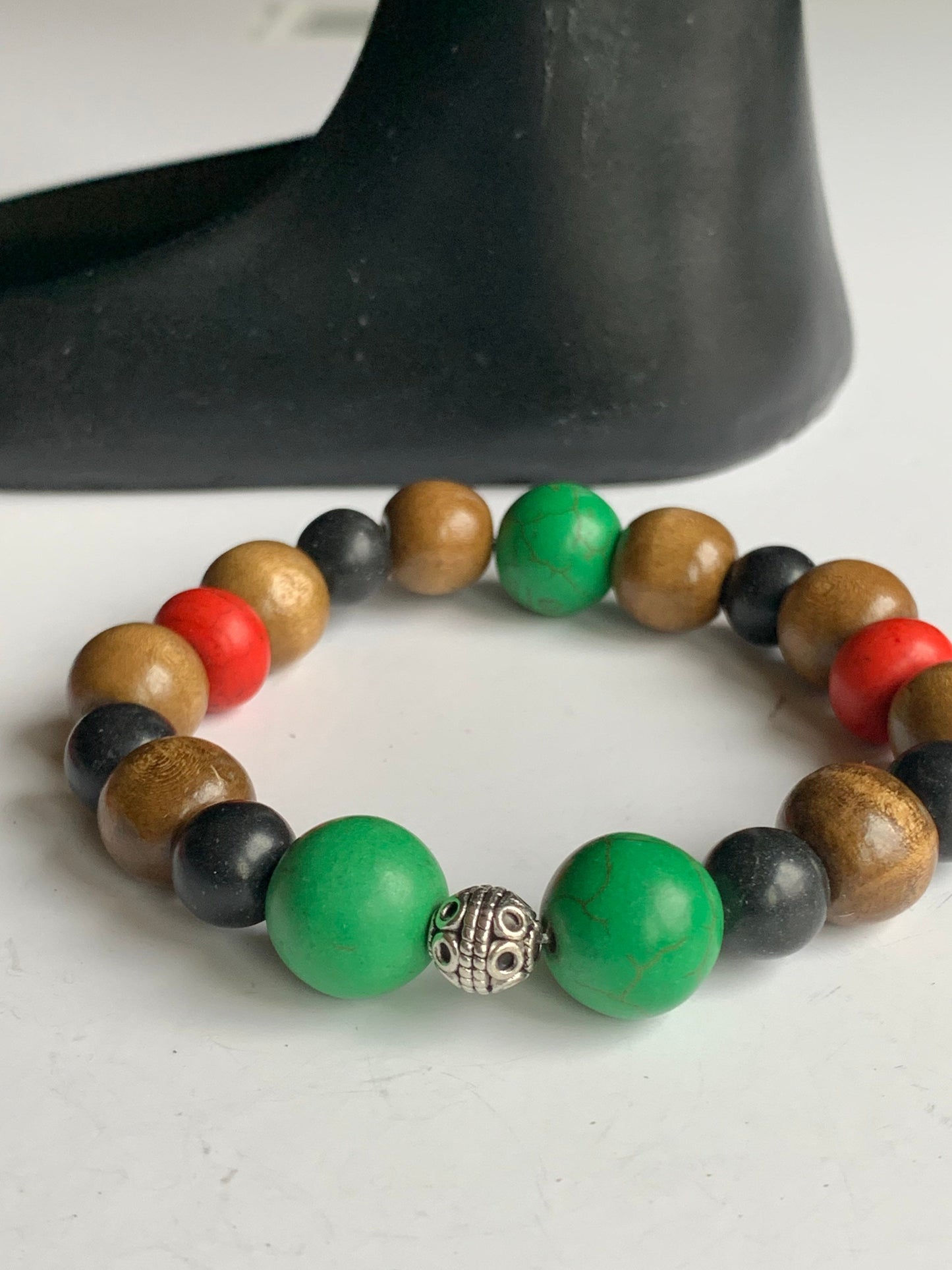 Unisex Brown, Red, Green, and Black Bohemian Wood Beaded Bracelet for Men and Women