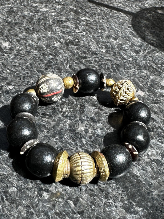 Black Wood Beaded Bracelet: Java Bead & Brass, Tribal Boho