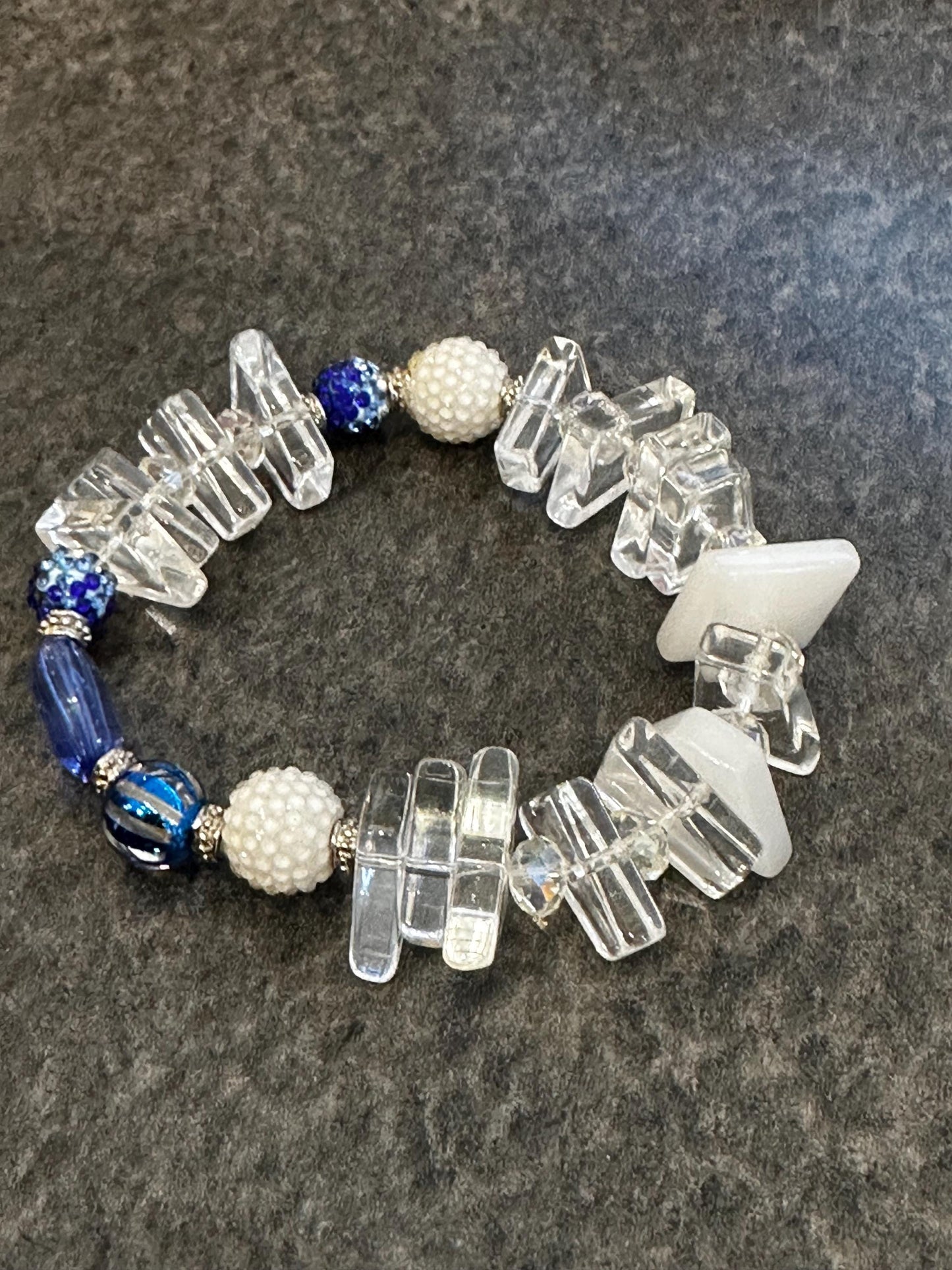 Handmade Blue Art Glass Bracelet • Acrylic Geometric Beads, Pearl Accents