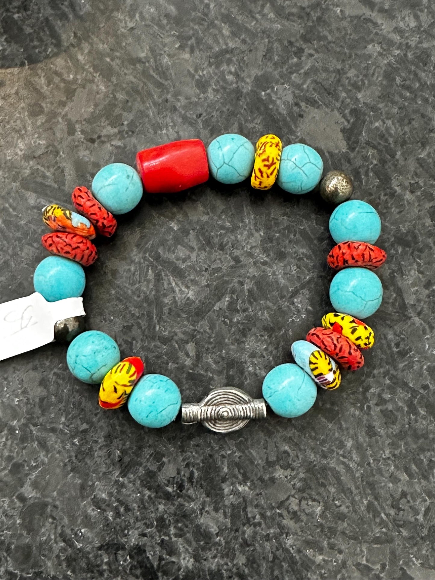 Turquoise Howlite Bracelet: Recycled African Glass & Silver Sundial - Boho Unisex