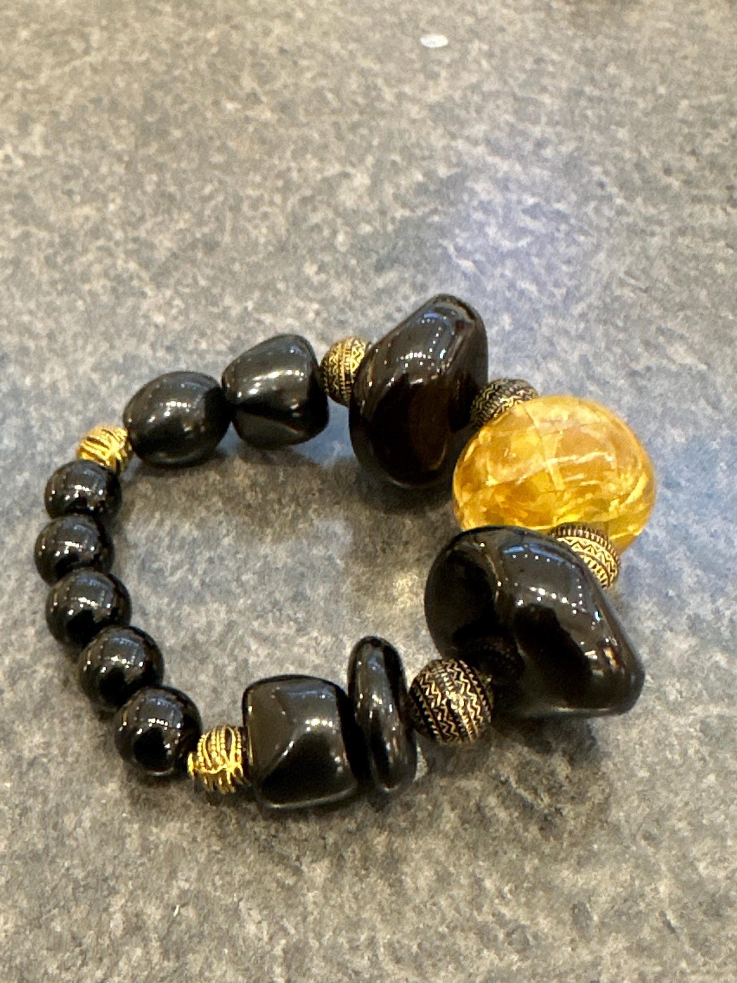 Handmade Chunky 24 mm Black Beads and Yellow Unisex Beaded Statement Stretch Bracelet