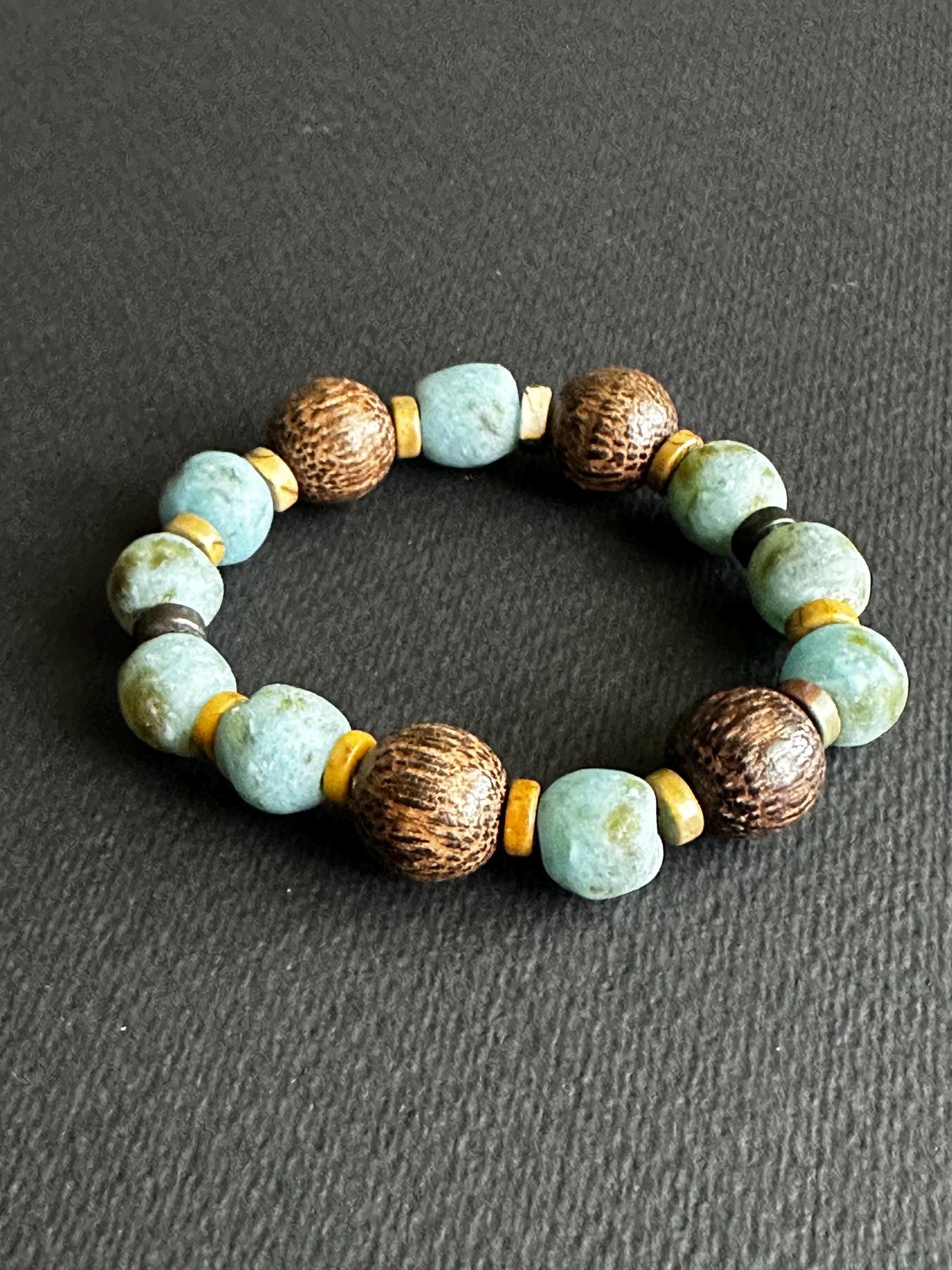 Ocean Earth | Turquoise Recycled Glass Bracelet with Wood  Beads | Unisex | Handmade by Attrice