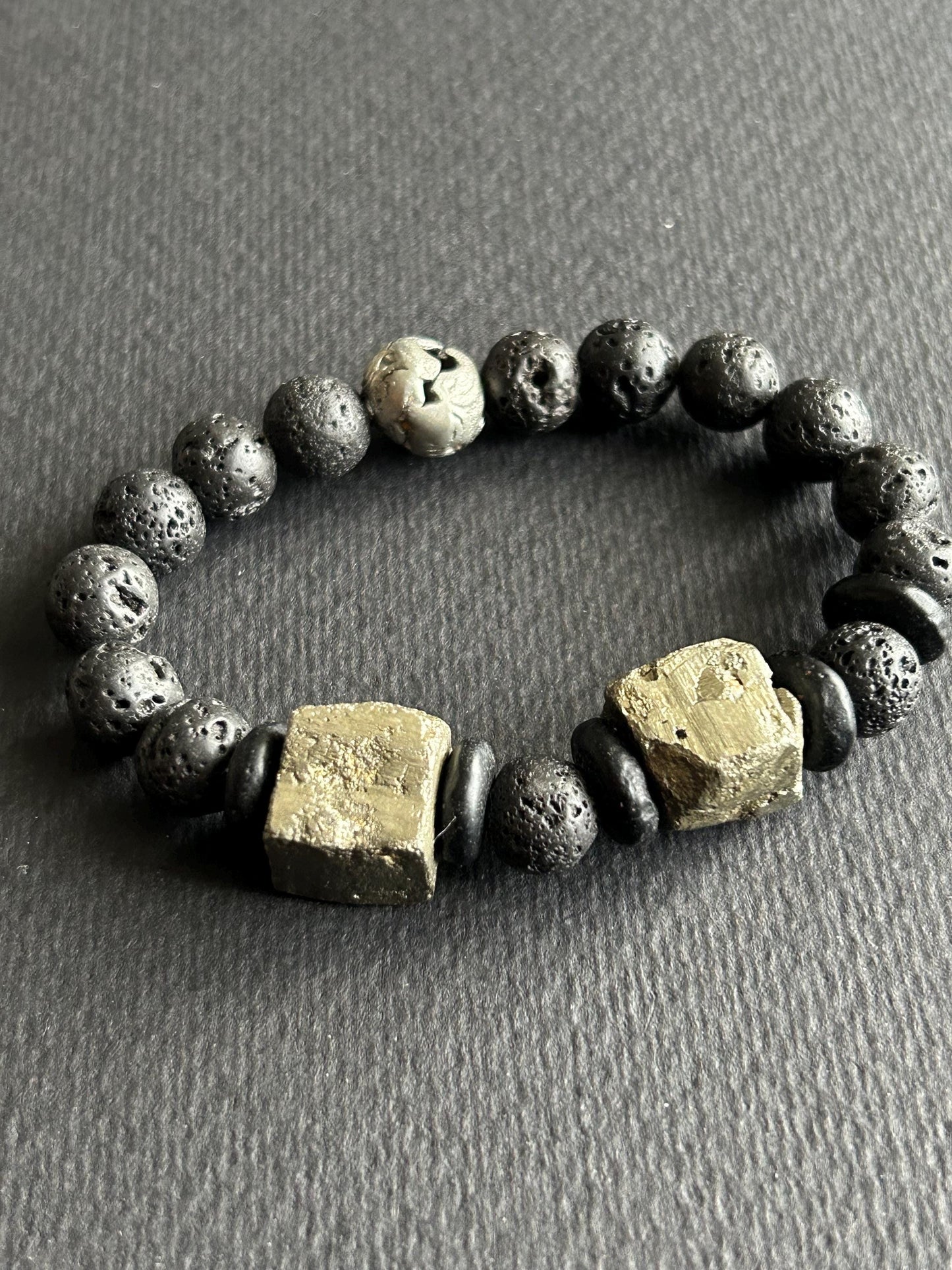 Turquoise & Pyrite Statement Bracelet | One-of-a-Kind Boho Unisex Jewelry | Lava Stone Accent | Handmade by Attrice