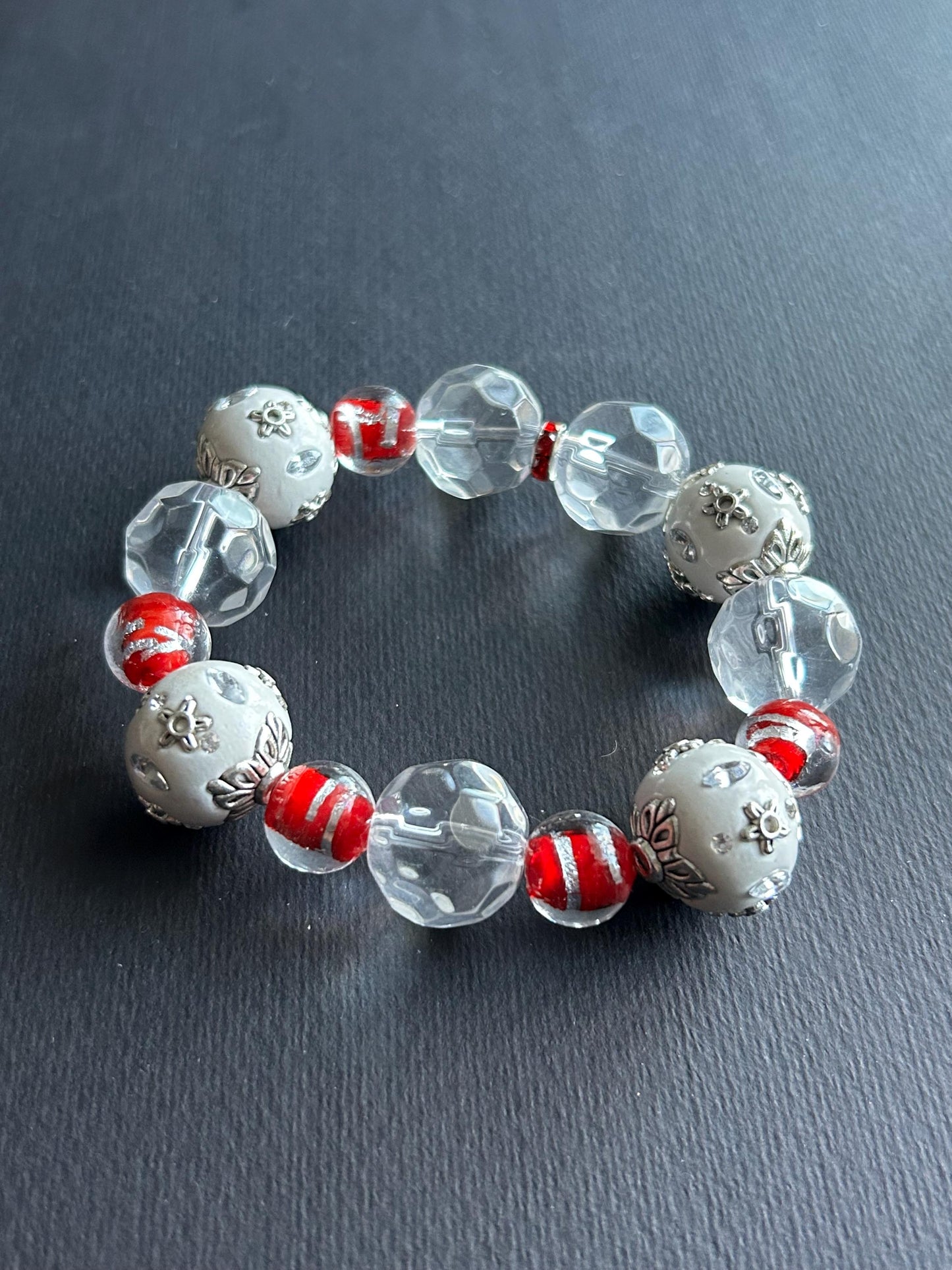 Handmade Beaded Stretch Bracelet | White, Red, & Silver Filigree