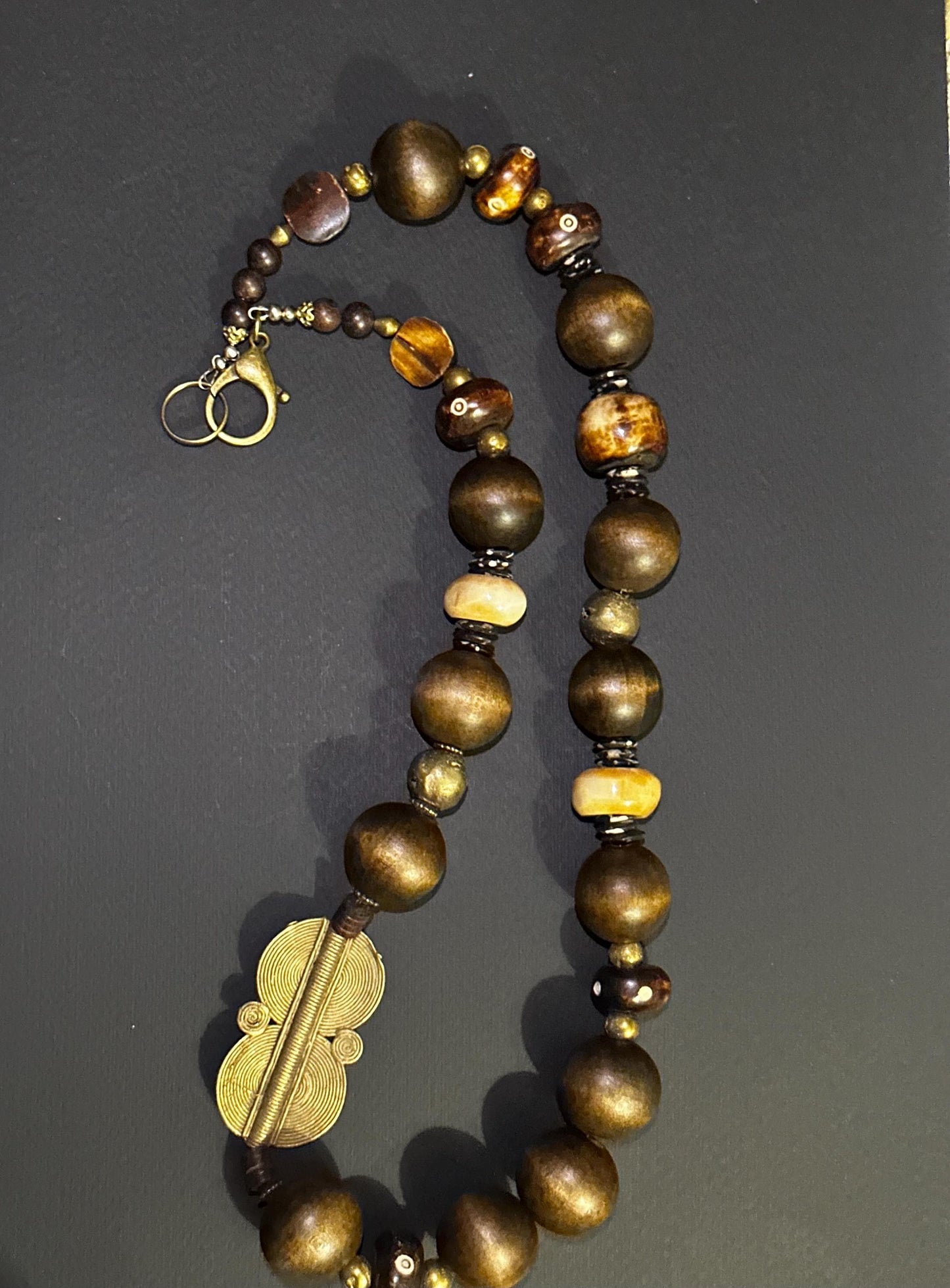 Brown (24 mm) Wooden Beads and with Bone and  Brass Sundial  Beaded Necklace