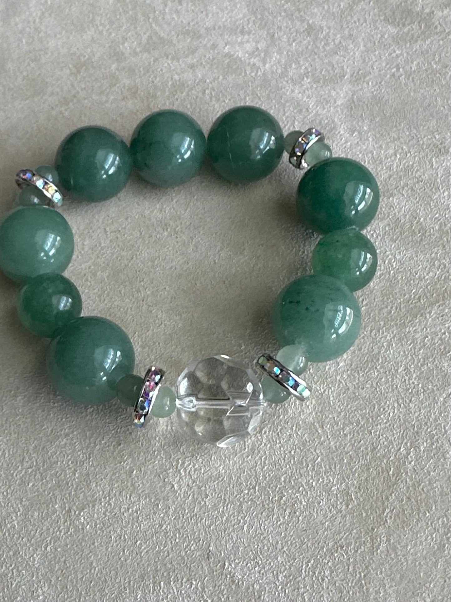 Chunky Green Aventurine Bracelet with Clear and Rhinestone Accent Beads