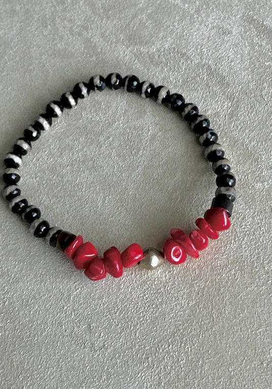 Agate & Red Coral Beaded Bracelet, Unisex Silver Accent