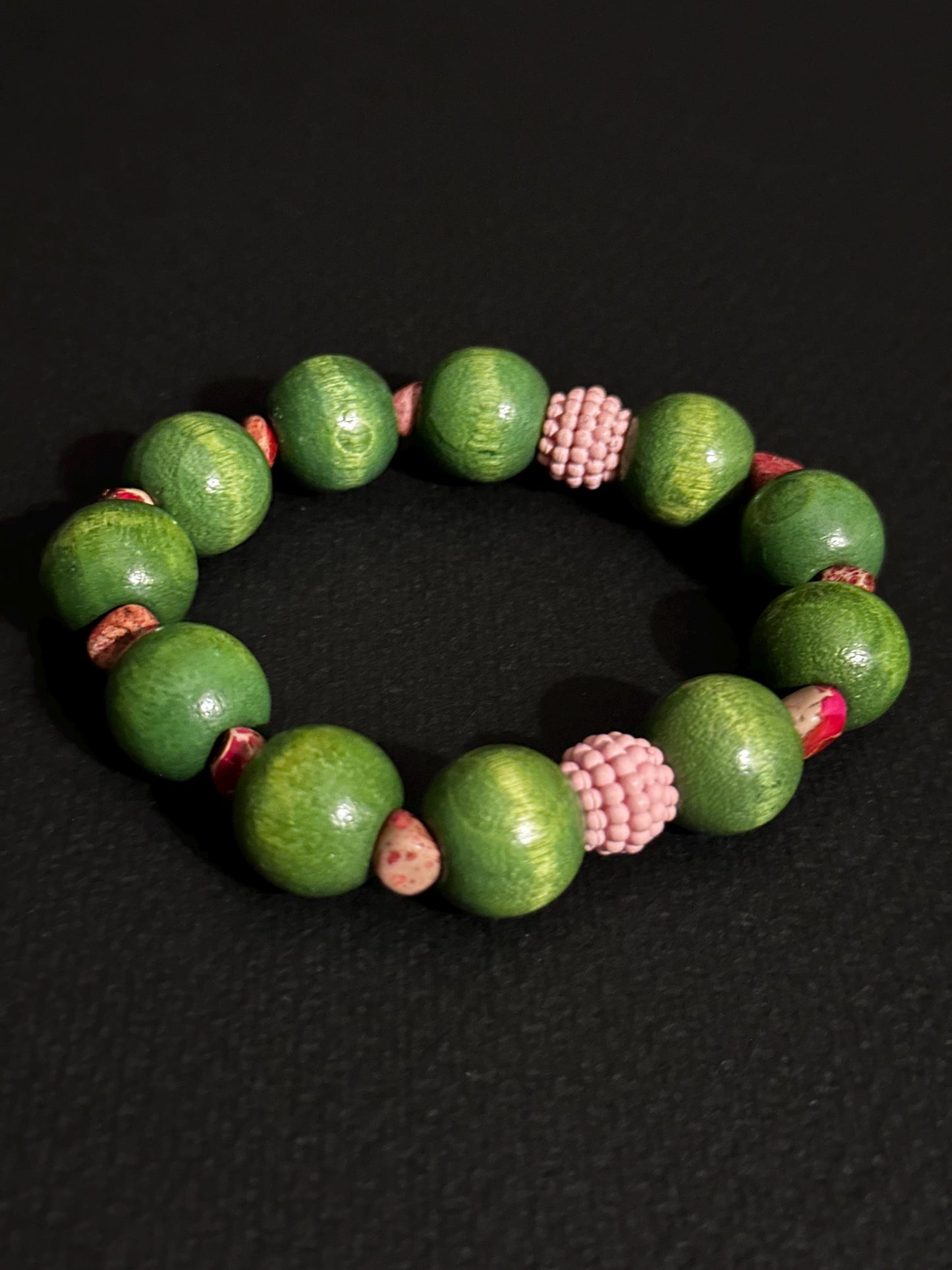 Pink Wood and Green Ceramic Bracelet | Handmade Jewelry | Beaded Bracelet by Trecie’s Shoppe