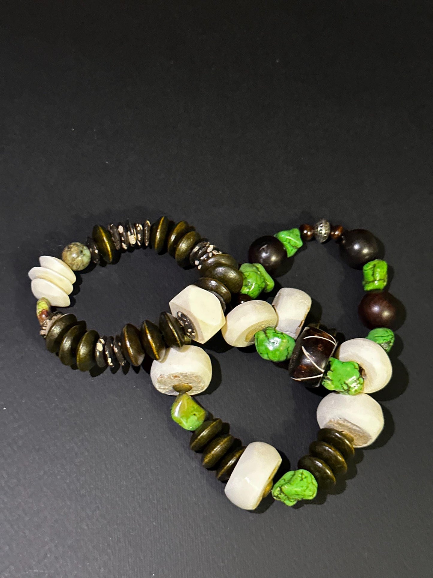 Green Brown and Creamy Beaded Bracelet | Wood Bone and Howlite Beads, Unisex Bohemian Jewelry