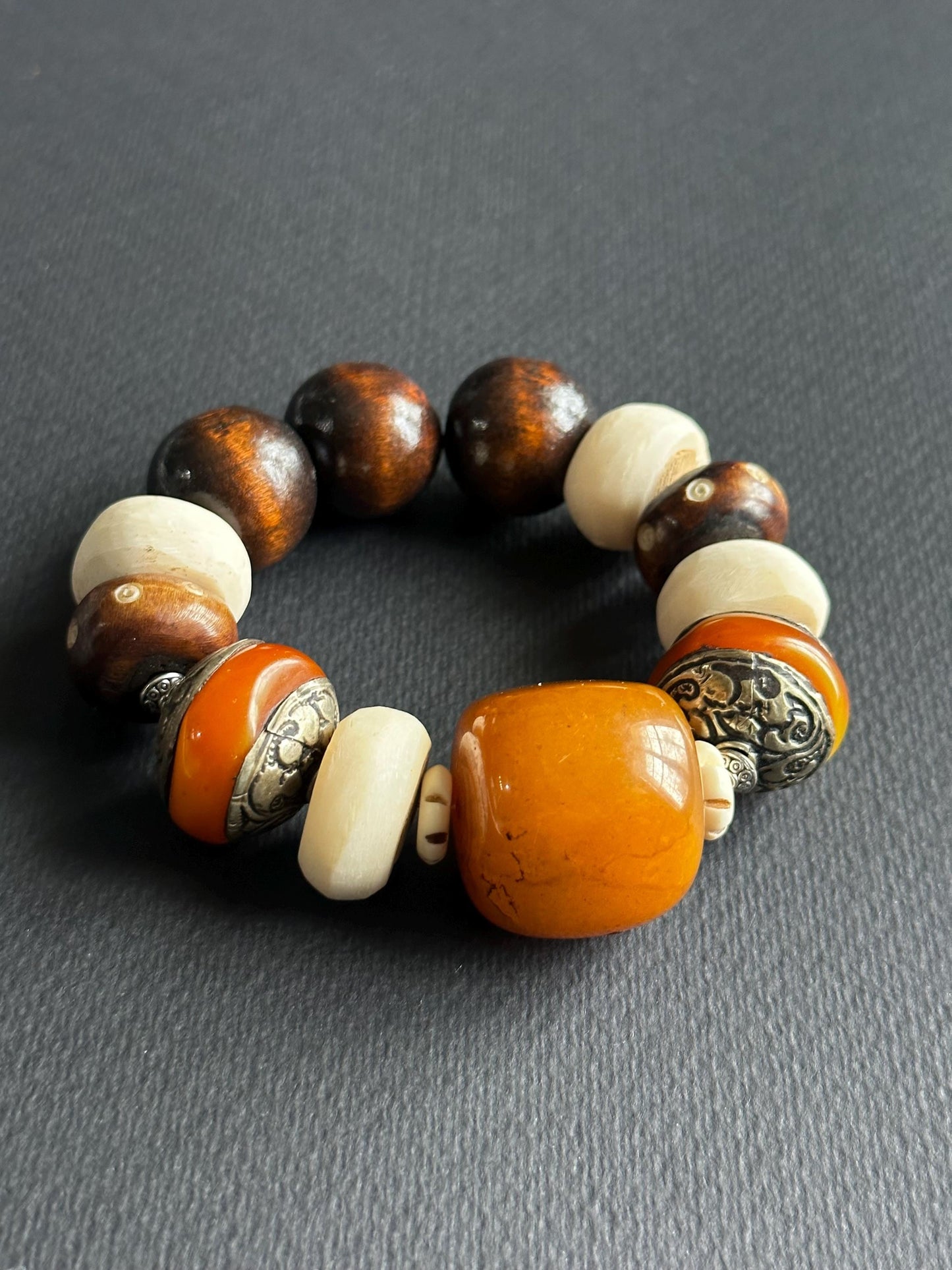 Earthy Unisex Beaded Bracelet • Orange Resin, Bone, Wood, Metal • 7.5 Inch