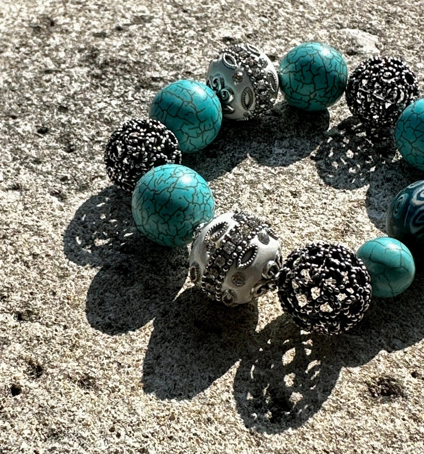 Turquoise Howlite Beaded Bracelet with Embellished White and Silver Metal Beads