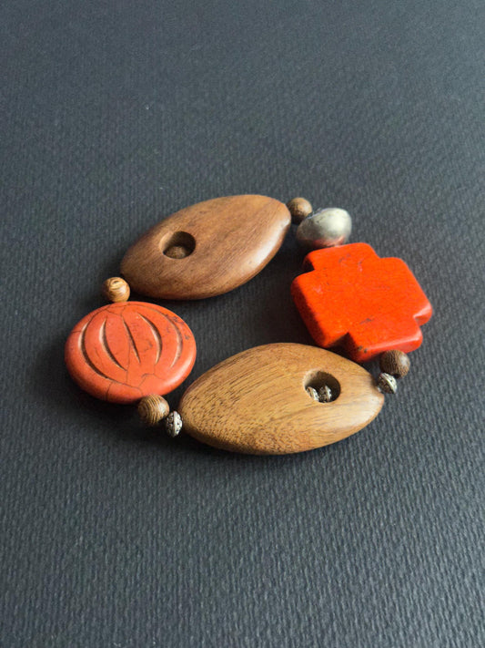Tan and Orange Wood and Ceramic 7.5 inch Fall OOAK Bracelet