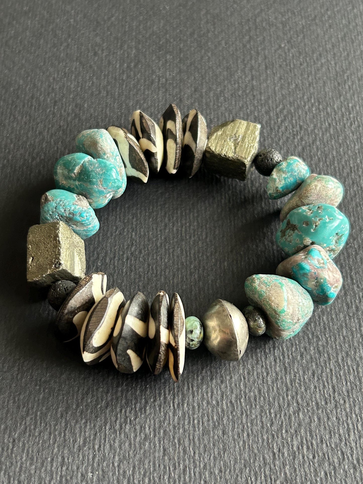 Turquoise & Pyrite Statement Bracelet | One-of-a-Kind Boho Unisex Jewelry | Lava Stone Accent | Handmade by Attrice