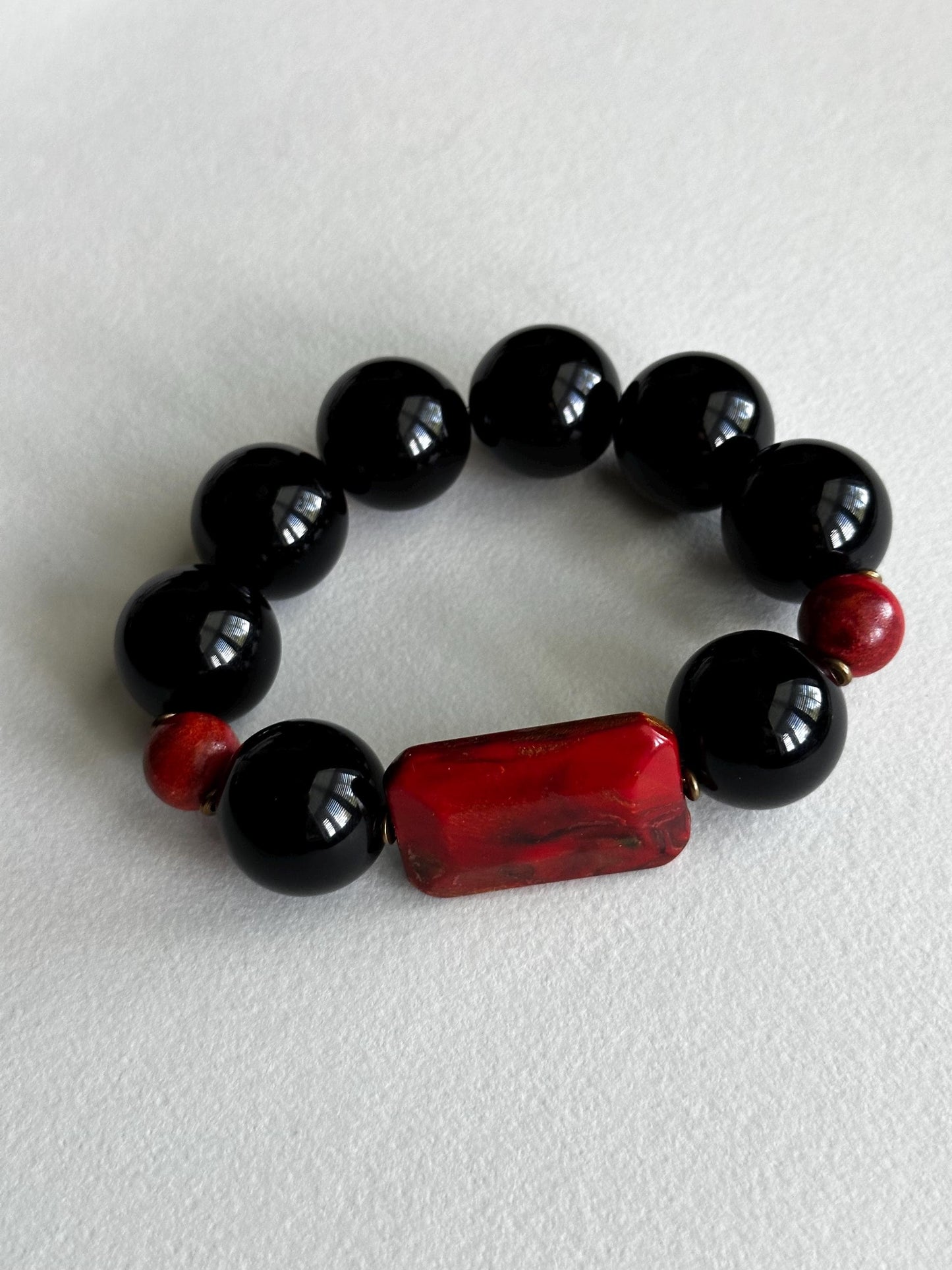 Handmade Black and Red Beaded Statement Stretch Bracelet