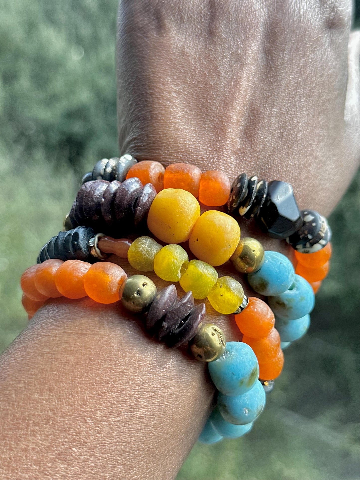 Recycled African Glass Bead Bracelet | Earthy Boho Stretch Jewelry