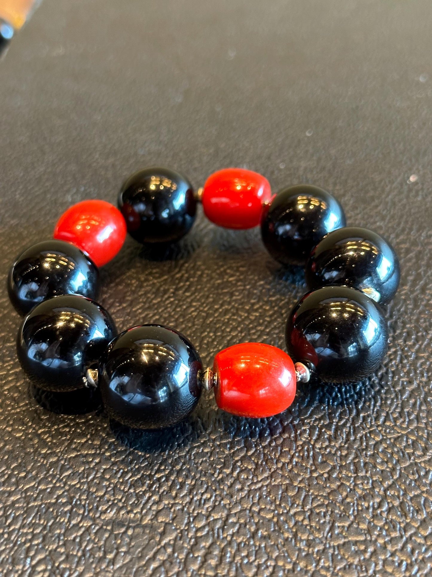 Handmade Black and Red Unisex Beaded Statement Stretch Bracelet