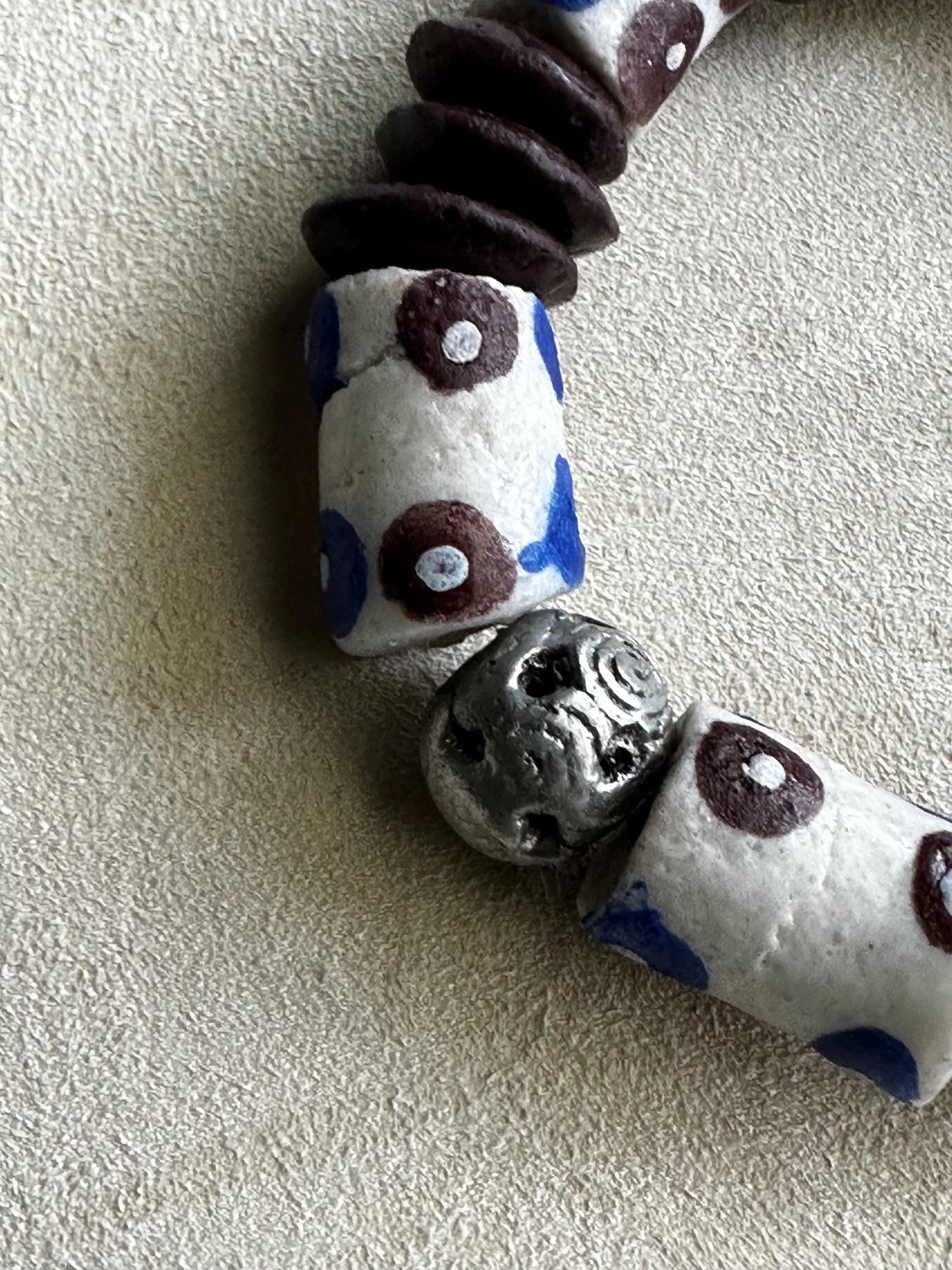 African Recycled Glass Bead Bracelet: Blue Brown Polka Dot Krobo, Unisex Boho