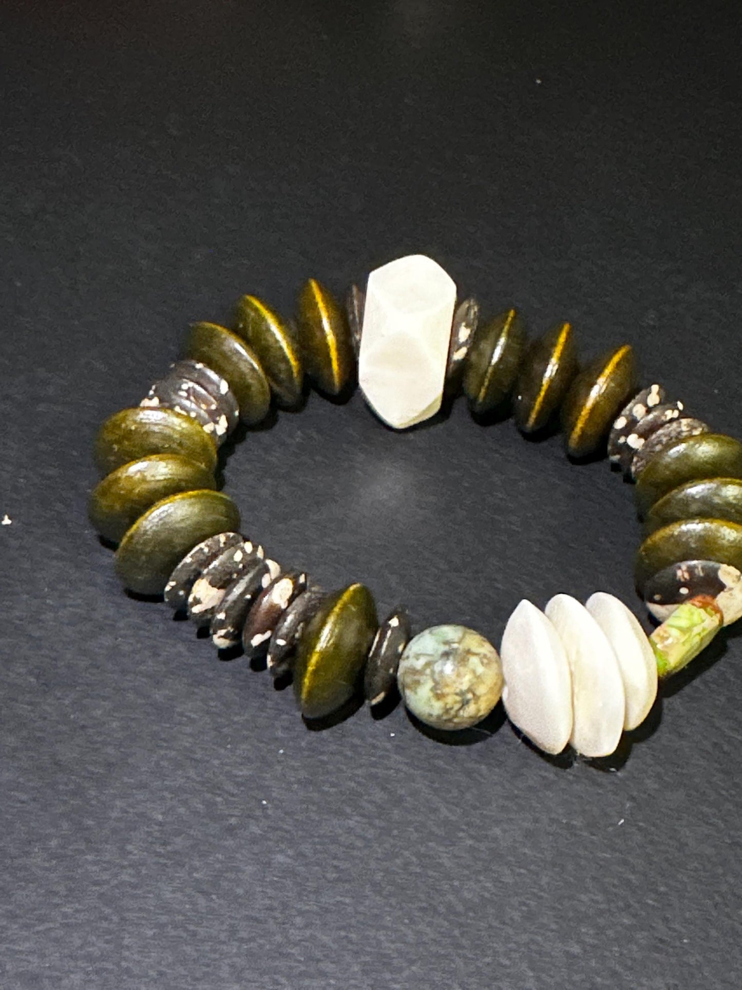 Green Brown and Creamy Beaded Bracelet | Wood Bone and Turquoise Beads, Unisex Bohemian Jewelry