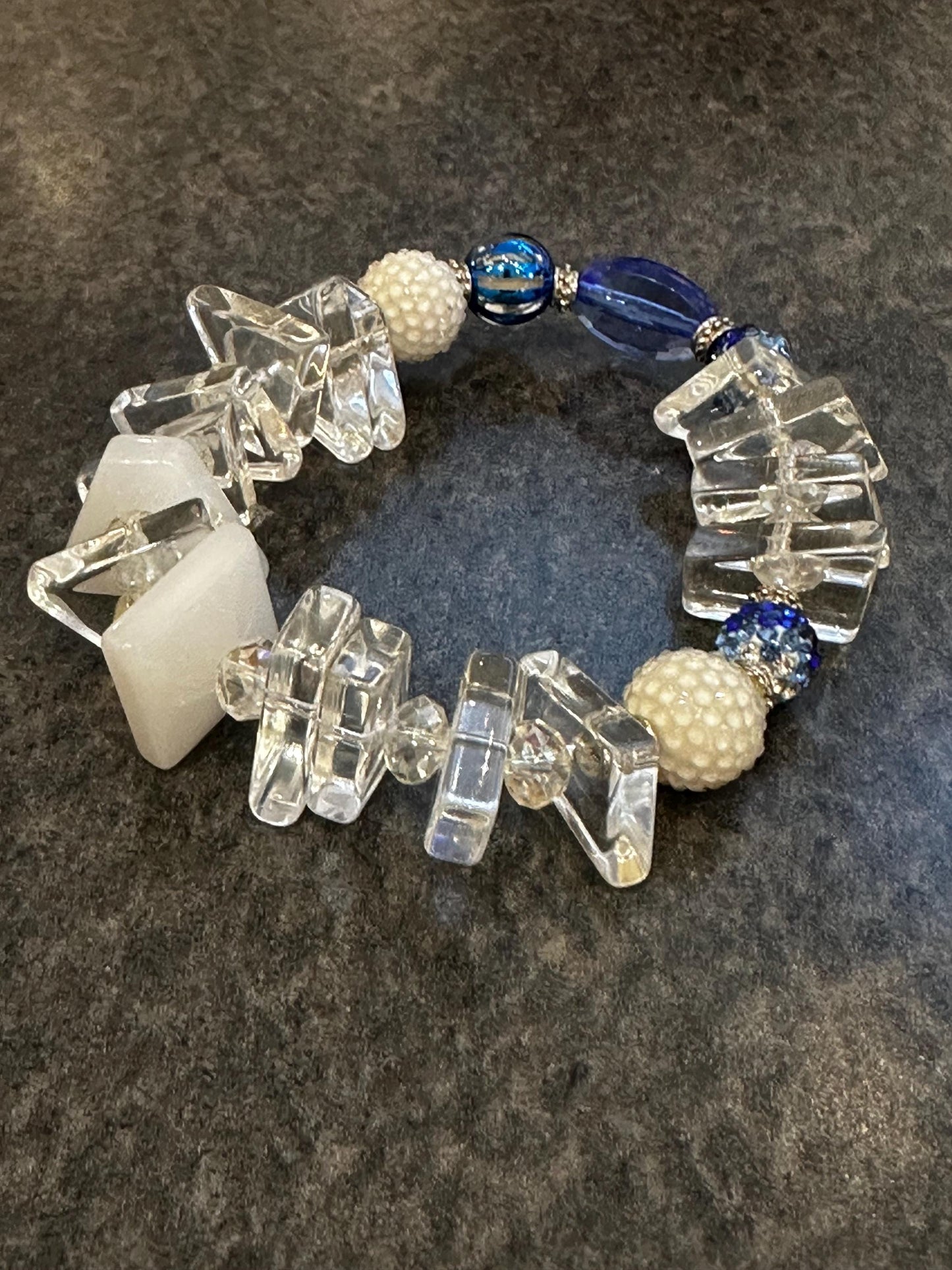 Handmade Blue Art Glass Bracelet • Acrylic Geometric Beads, Pearl Accents