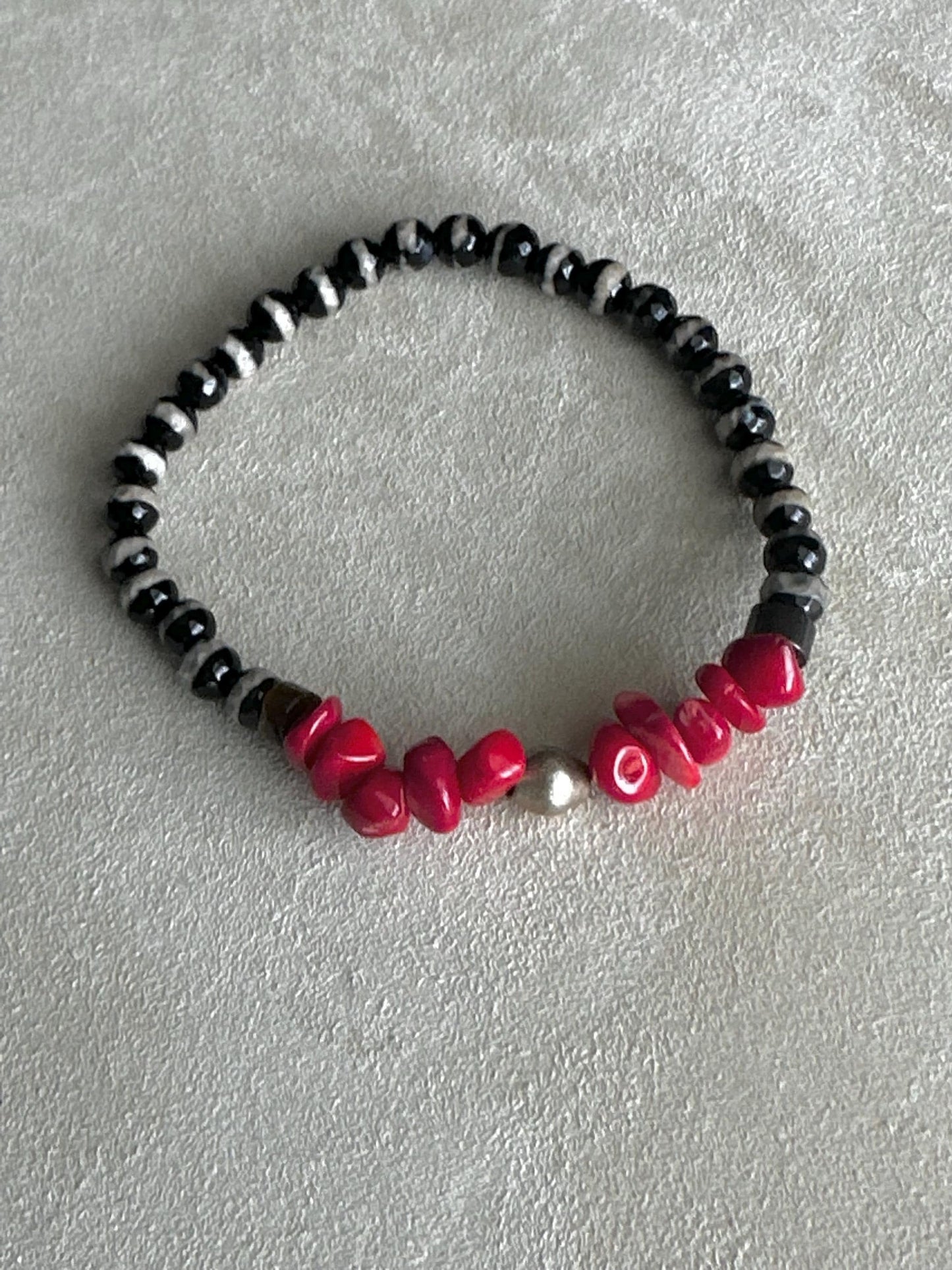 Agate & Red Coral Beaded Bracelet, Unisex Silver Accent