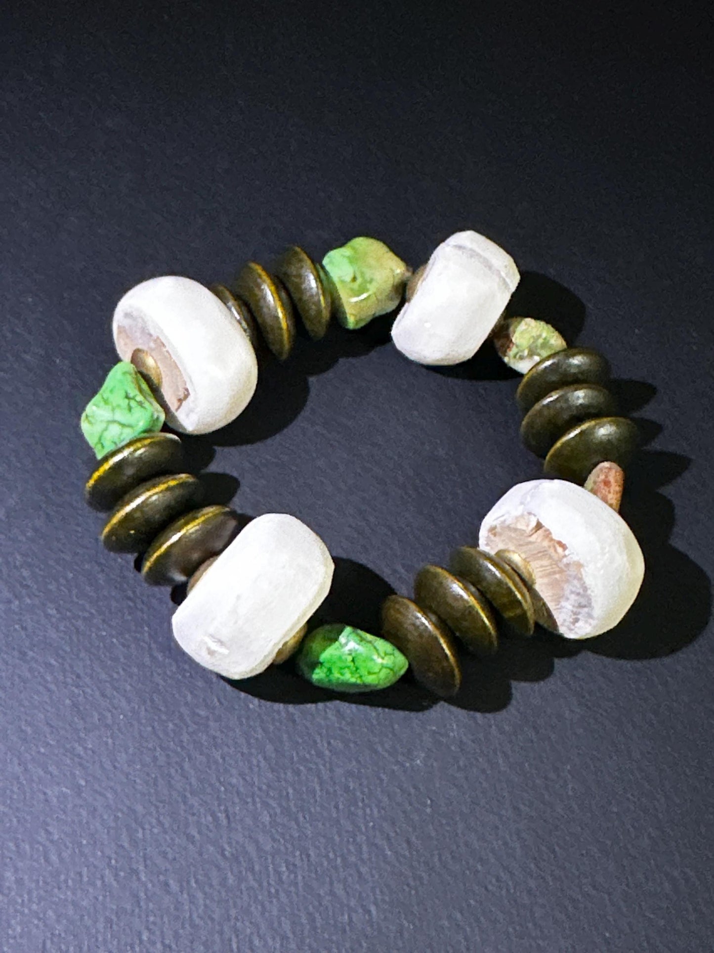Green Brown and Creamy Beaded Bracelet | Wood Bone and Howlite Beads, Unisex Bohemian Jewelry