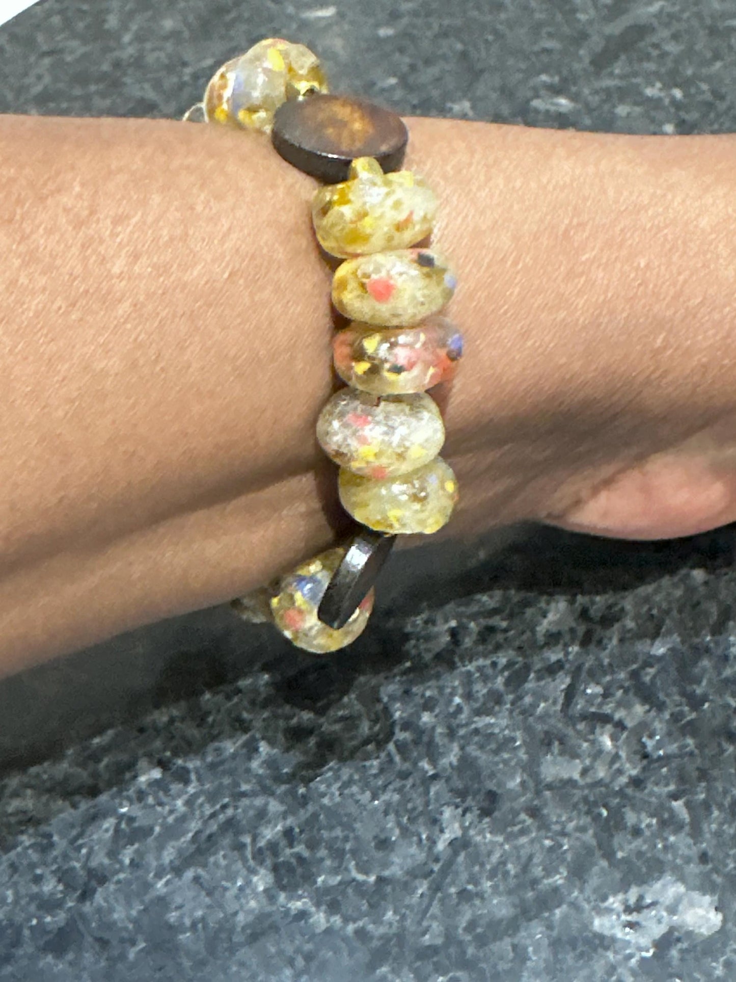 Yellow Recycled Glass Beaded Bracelet | Boho Wood Accent Jewelry