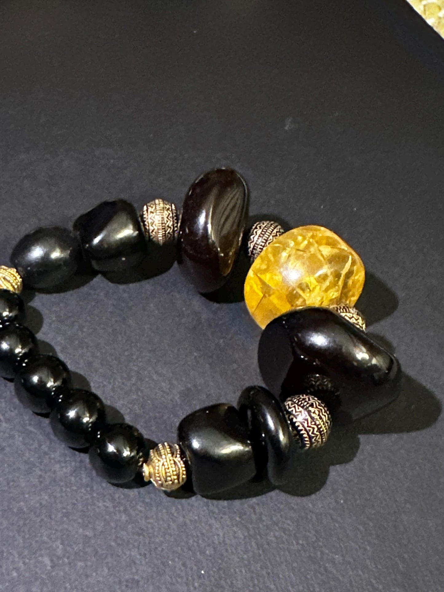 Handmade Chunky 24 mm Black Beads and Yellow Unisex Beaded Statement Stretch Bracelet
