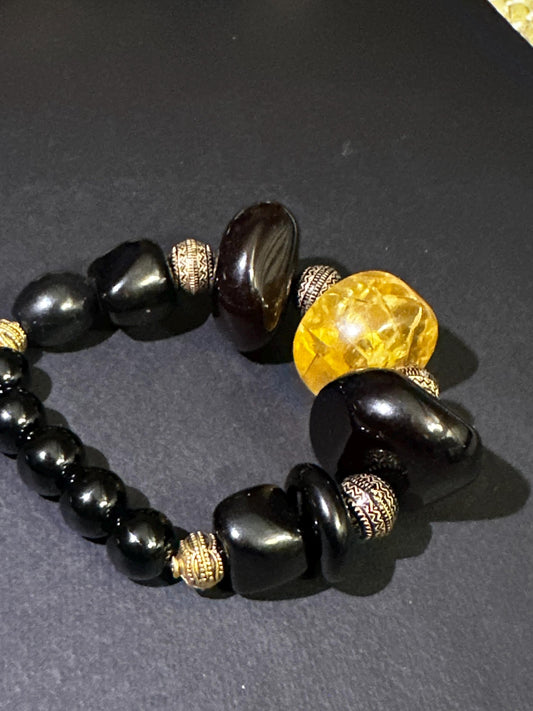 Handmade Chunky 24 mm Black Beads and Yellow Unisex Beaded Statement Stretch Bracelet