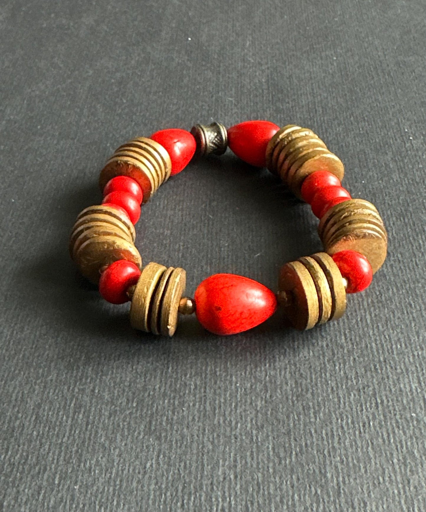 Red Teardrop Beaded Bracelet | Bronze Disc Boho Jewelry