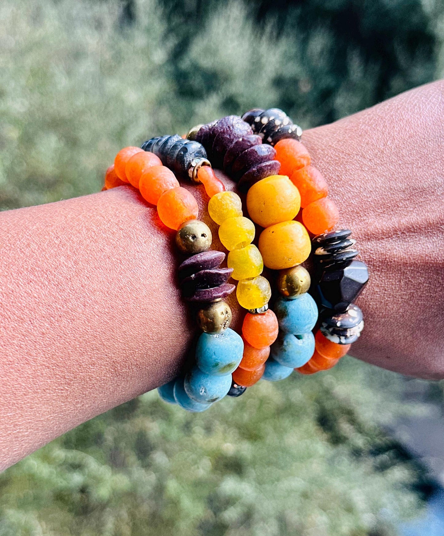 Recycled African Glass Bead Bracelet | Earthy Boho Stretch Jewelry