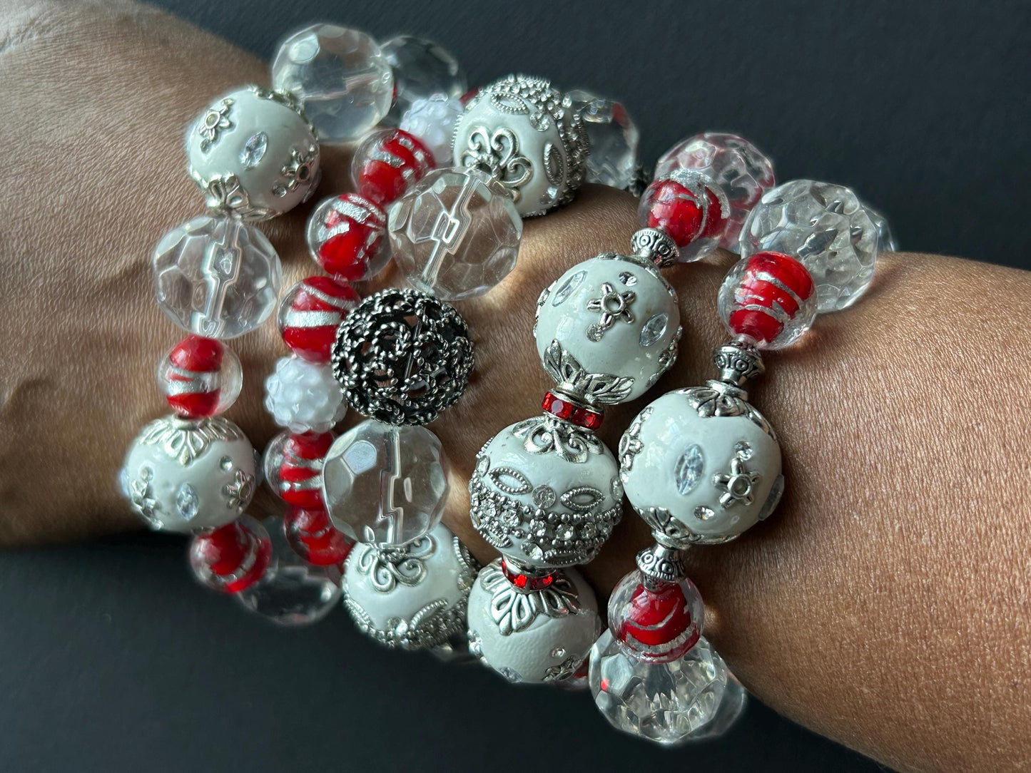 Handmade Beaded Stretch Bracelet | White, Red, & Silver Filigree