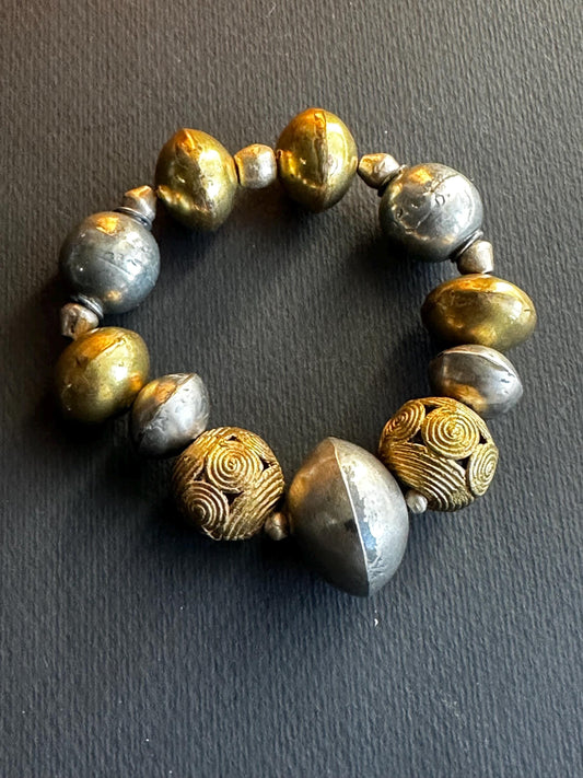 Mixed Metal Silver Bicone and Brass Filigree Beaded Bracelet #UnisexJewelry