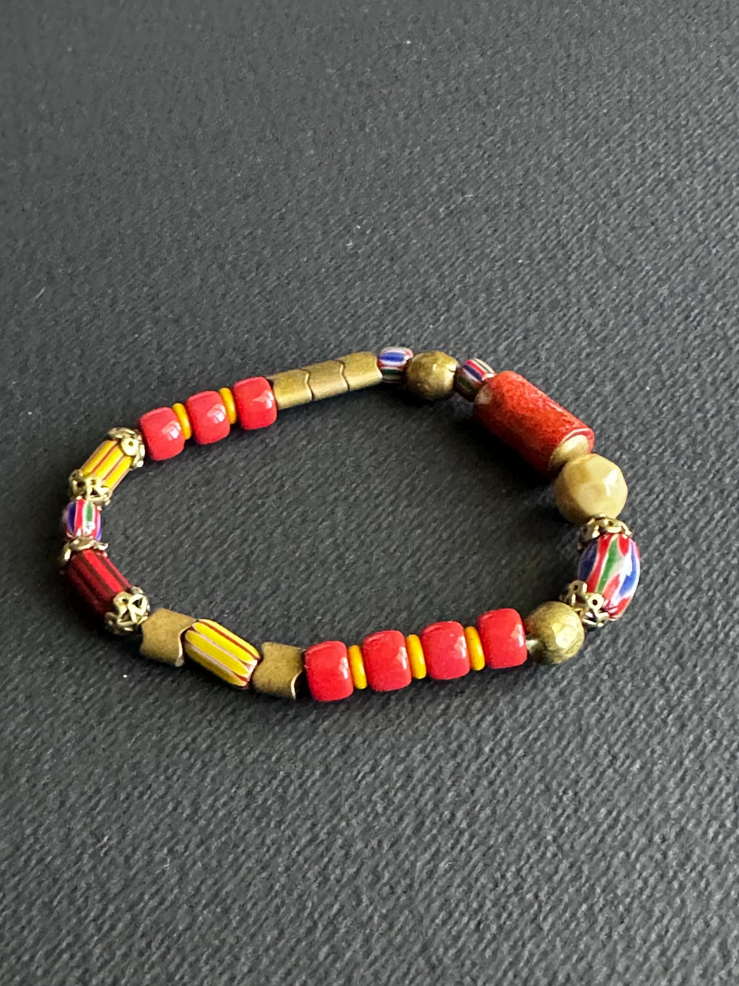 Red Coral Bracelet with African Chevron Beads & Brass Accents | Handmade Unisex Tribal Jewelry | OOAK