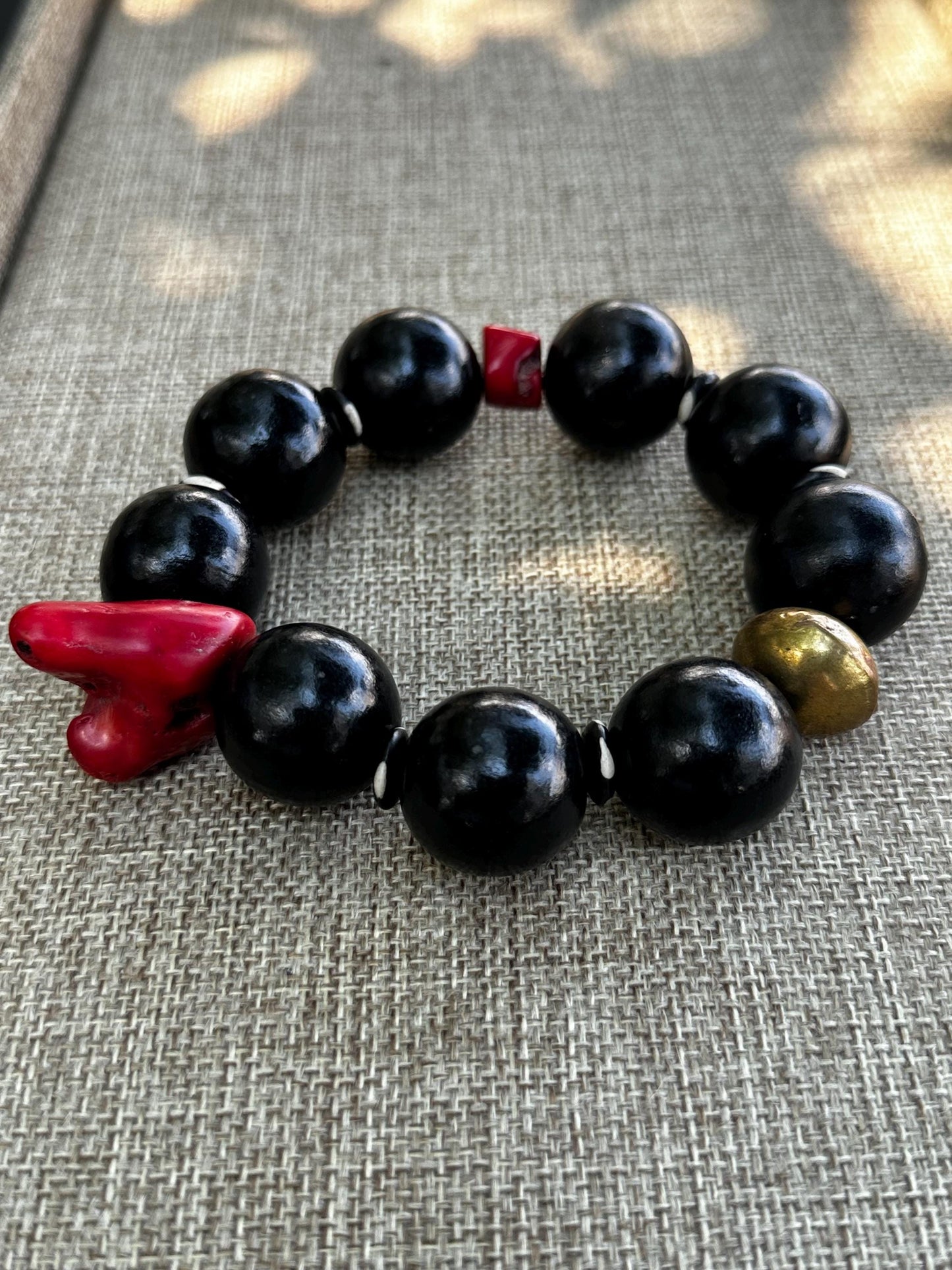 Handmade Black and Red Coral Beaded Statement Stretch Bracelet