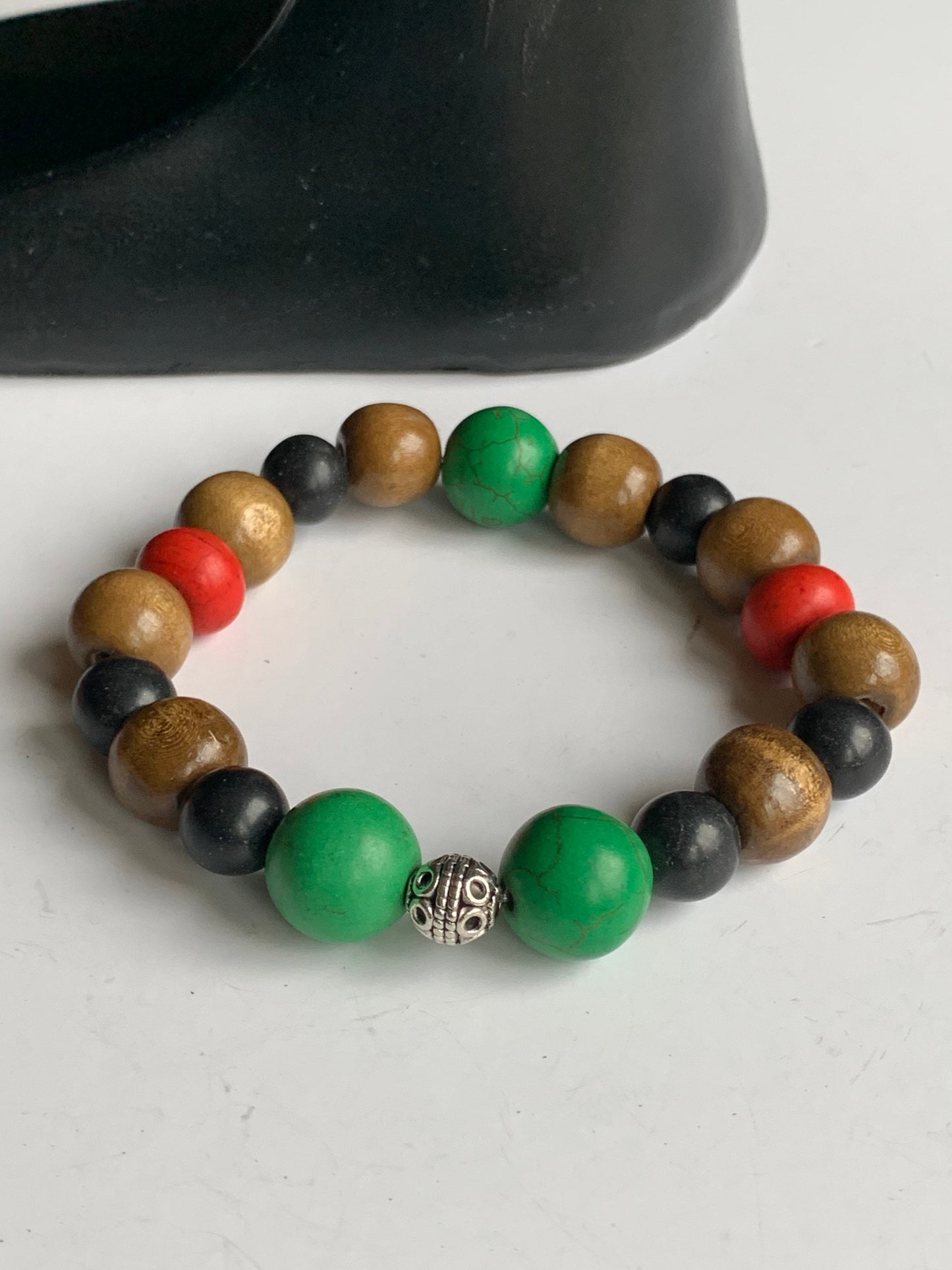 Unisex Brown, Red, Green, and Black Bohemian Wood Beaded Bracelet for Men and Women