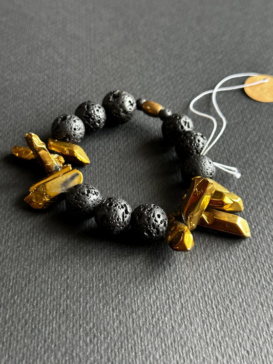 Black Lava & Gold Crystal Statement Bracelet