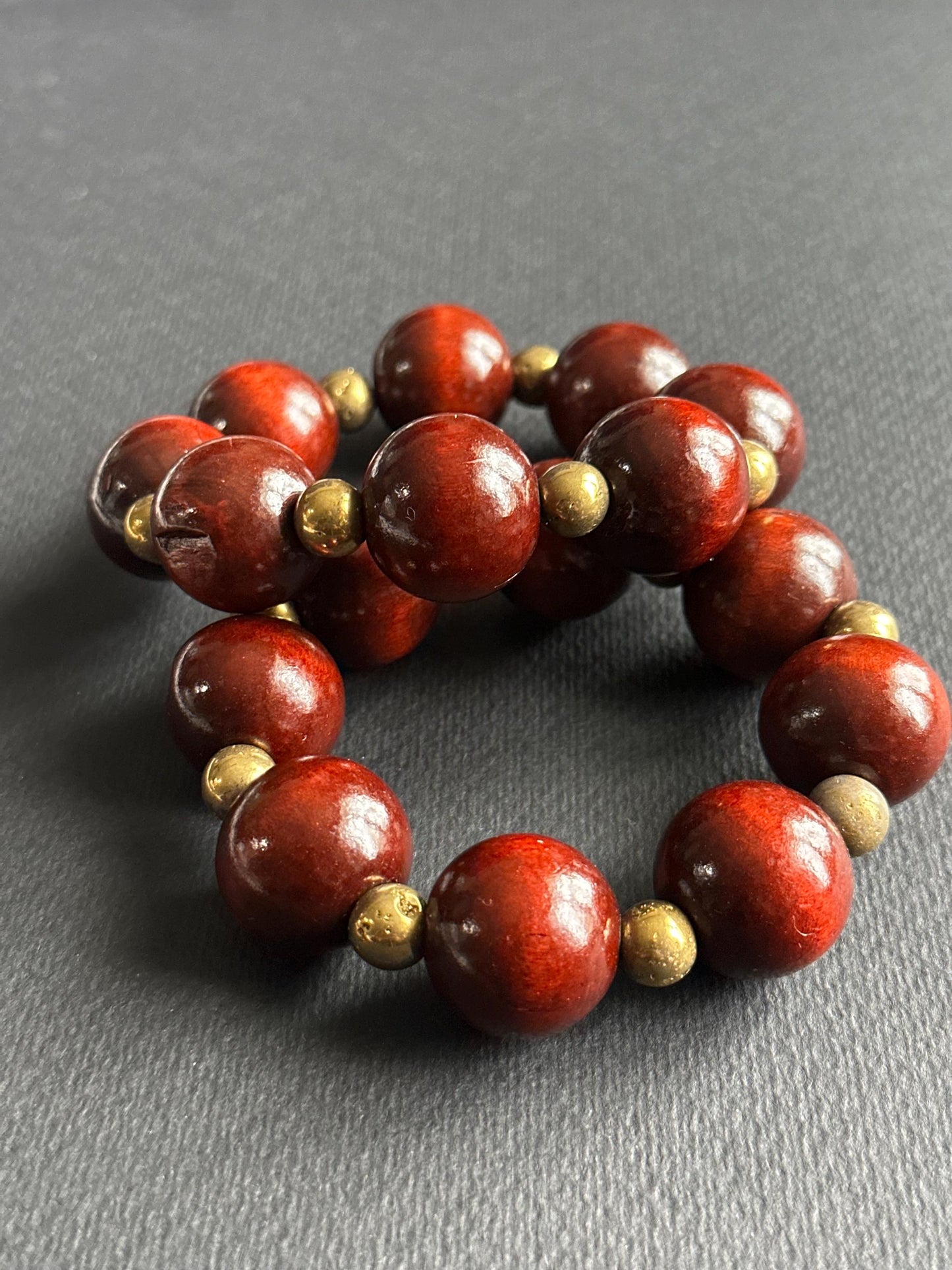 Large Brown Wood Unisex Beaded Bracelet with Gold Matte Agate Beads